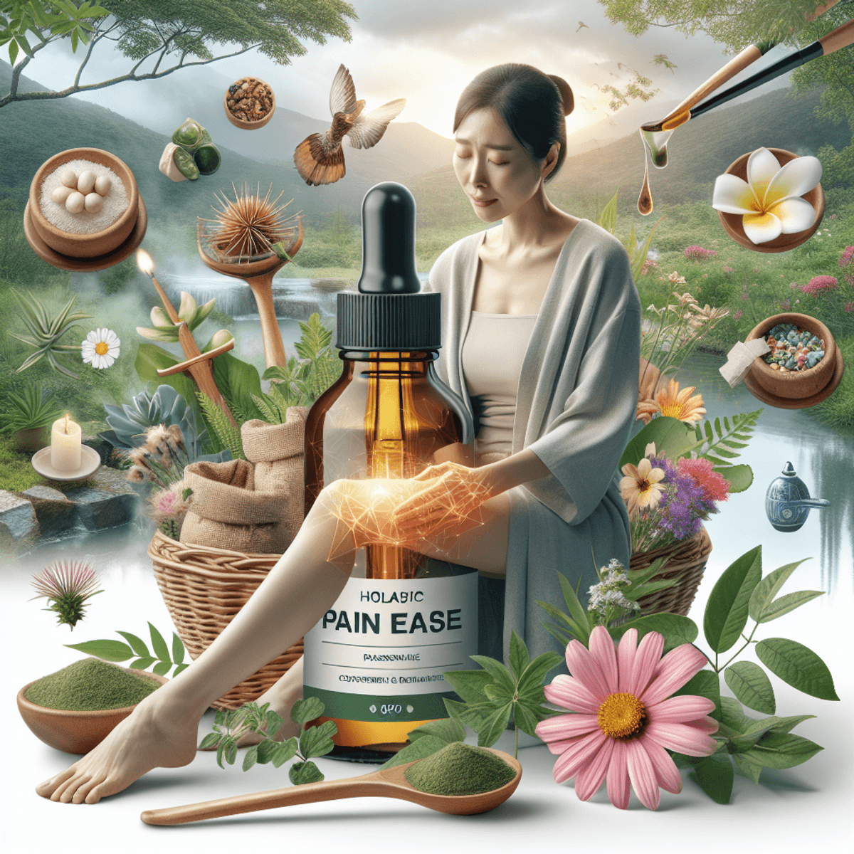 How DAD Ayurveda Pain Relief Oil Works 2 A tranquil scene showcasing a bottle of holistic pain ease oil surrounded by fresh organic herbs and blooming flowers. A serene East Asian woman gently applies the oil to her knee, embodying recovery and balance in managing discomfort, all set in a calming natural environment.