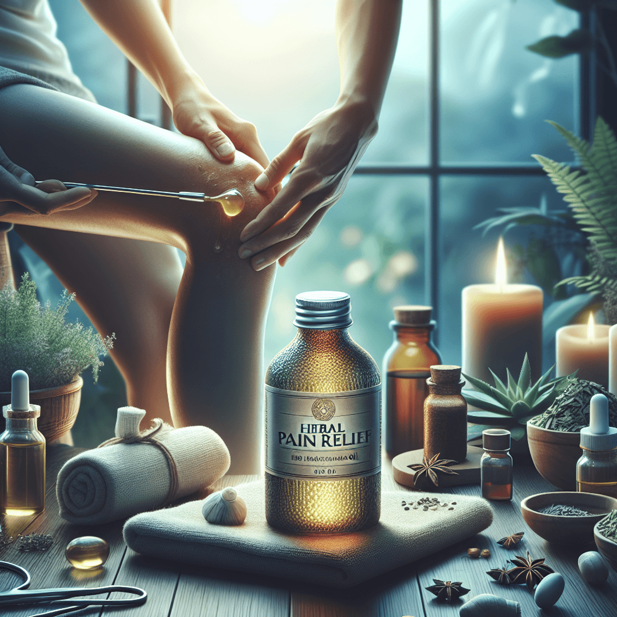How DAD Ayurveda Pain Relief Oil Works 4 A bottle of herbal pain relief oil is prominently displayed in the foreground, surrounded by an array of natural ingredients like fresh herbs and small vials of essential oils. In the background, a serene and calming atmosphere is created with soft lighting and gentle colors. A person of Asian descent is shown applying the oil to their knee, their expression reflecting comfort and relief, emphasizing the therapeutic qualities of the oil.