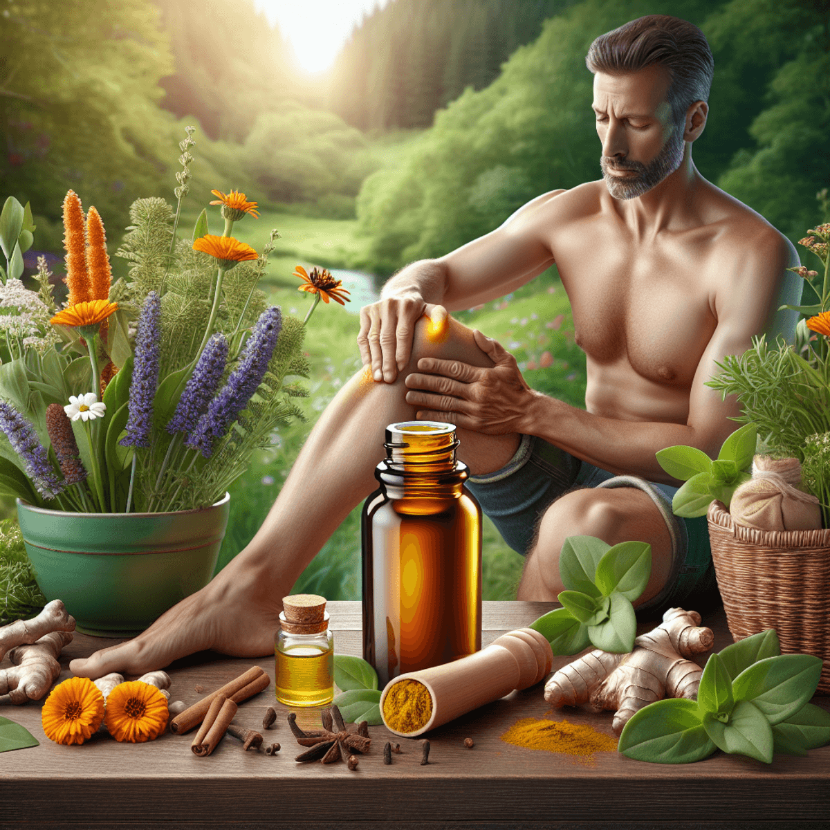 How DAD Ayurveda Pain Relief Oil Works 3 A middle-aged Caucasian man applying herbal pain relief oil to his knee, surrounded by fresh herbs, turmeric, and cloves, set in a tranquil garden with vibrant flowers and lush greenery, conveying relief and comfort.