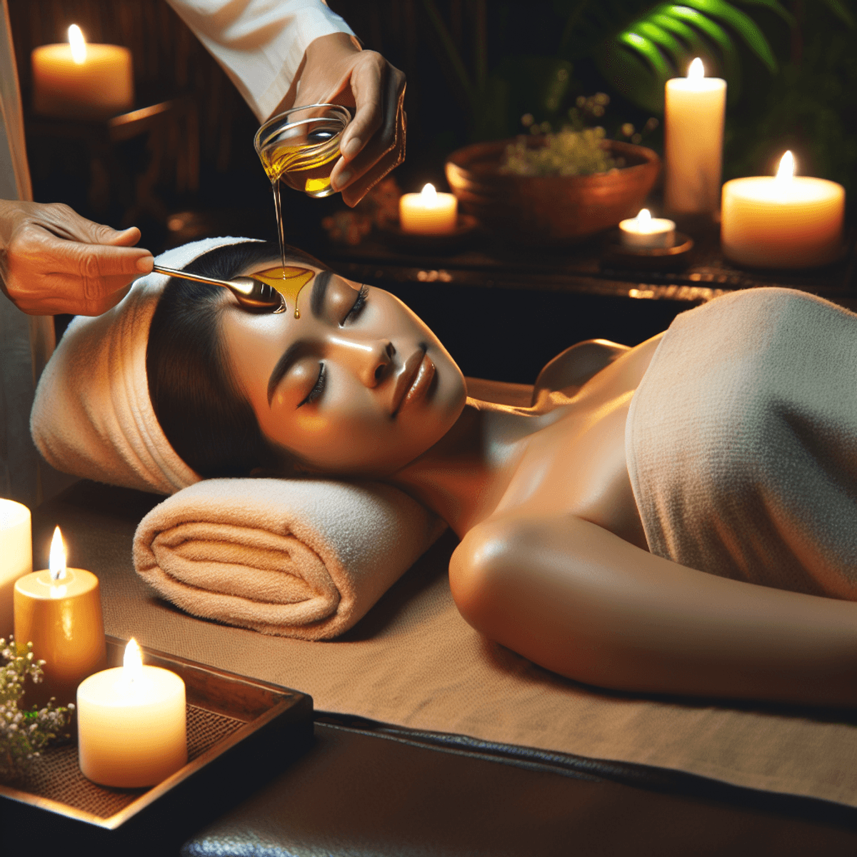 Dashakarma Therapy 3 A serene spa setting featuring a tranquil Shirodhara treatment in progress, with warm oil flowing onto the forehead of a relaxed individual of Asian descent on a massage table. The ambiance is enhanced by soft glowing candles and lush plants, creating an atmosphere of tranquility and wellness.