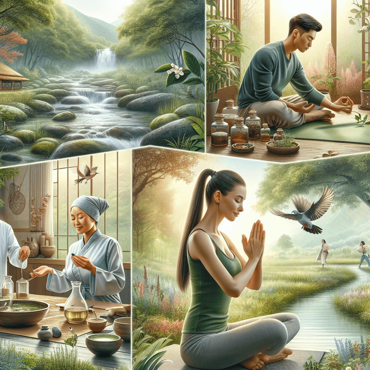 Dashakarma Therapy 11 A serene wellness setting with a Caucasian woman meditating on a yoga mat, an Asian man preparing herbal solutions, and a Hispanic woman practicing tai chi. The background features a gently flowing stream, lush green foliage, and chirping birds, all contributing to the tranquil atmosphere of physical and mental wellbeing.