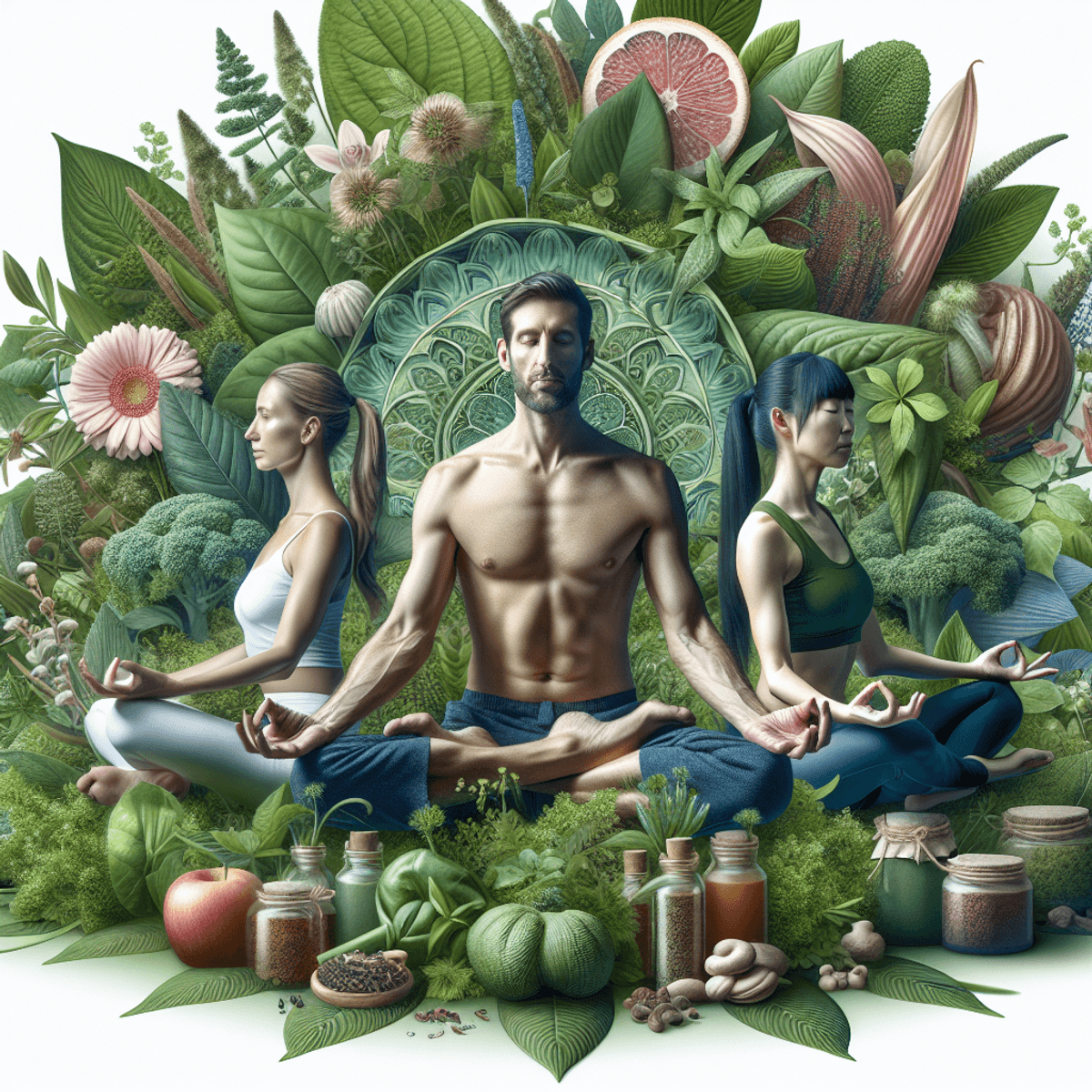 Dashakarma Therapy 7 A tranquil wellness scene featuring a Caucasian man, a Hispanic woman, and an Asian woman practicing yoga and meditation amidst lush green plants and herbal foliage. The individuals are engaged in various poses that convey serenity and relaxation, surrounded by vibrant greenery symbolizing detoxification and digestive health. Soft sunlight filters through the leaves, enhancing the peaceful atmosphere of internal balance and harmony in nature.