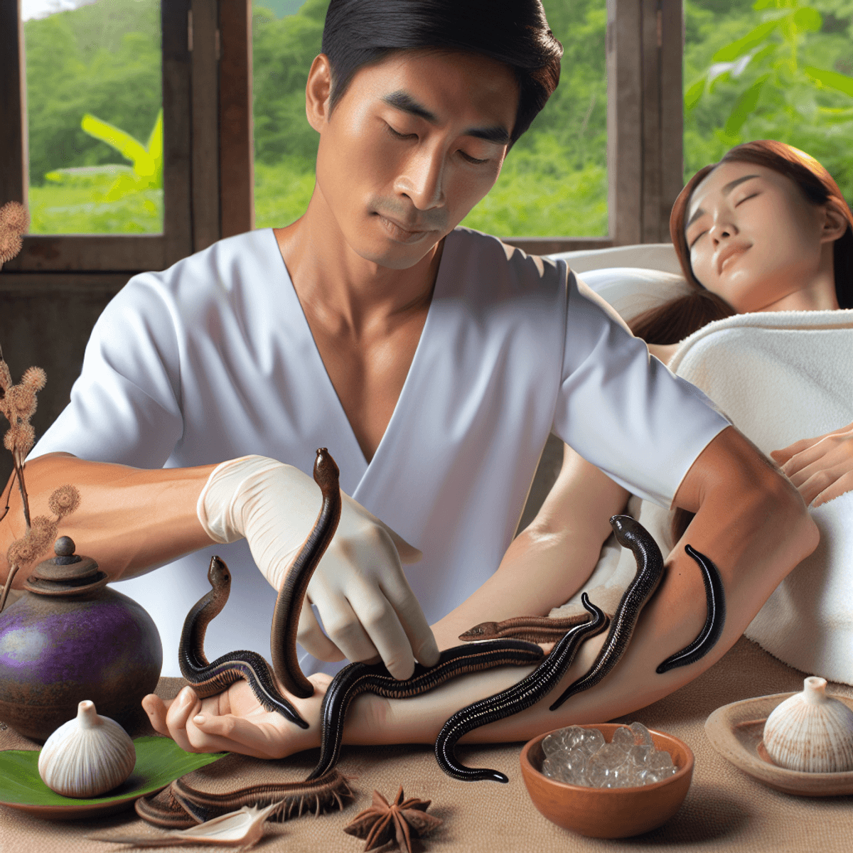 Dashakarma Therapy 10 A skilled Asian man gently applies leeches to a White woman's arm in a serene, nature-inspired setting. The scene is surrounded by lush greenery and soft, ambient lighting, creating a calming atmosphere. The medicinal leeches are prominently featured, actively attached to her skin, symbolizing the healing process. Traditional healing elements such as herbal remedies, bamboo tools, and natural fabrics enhance the organic feel of the therapy session.