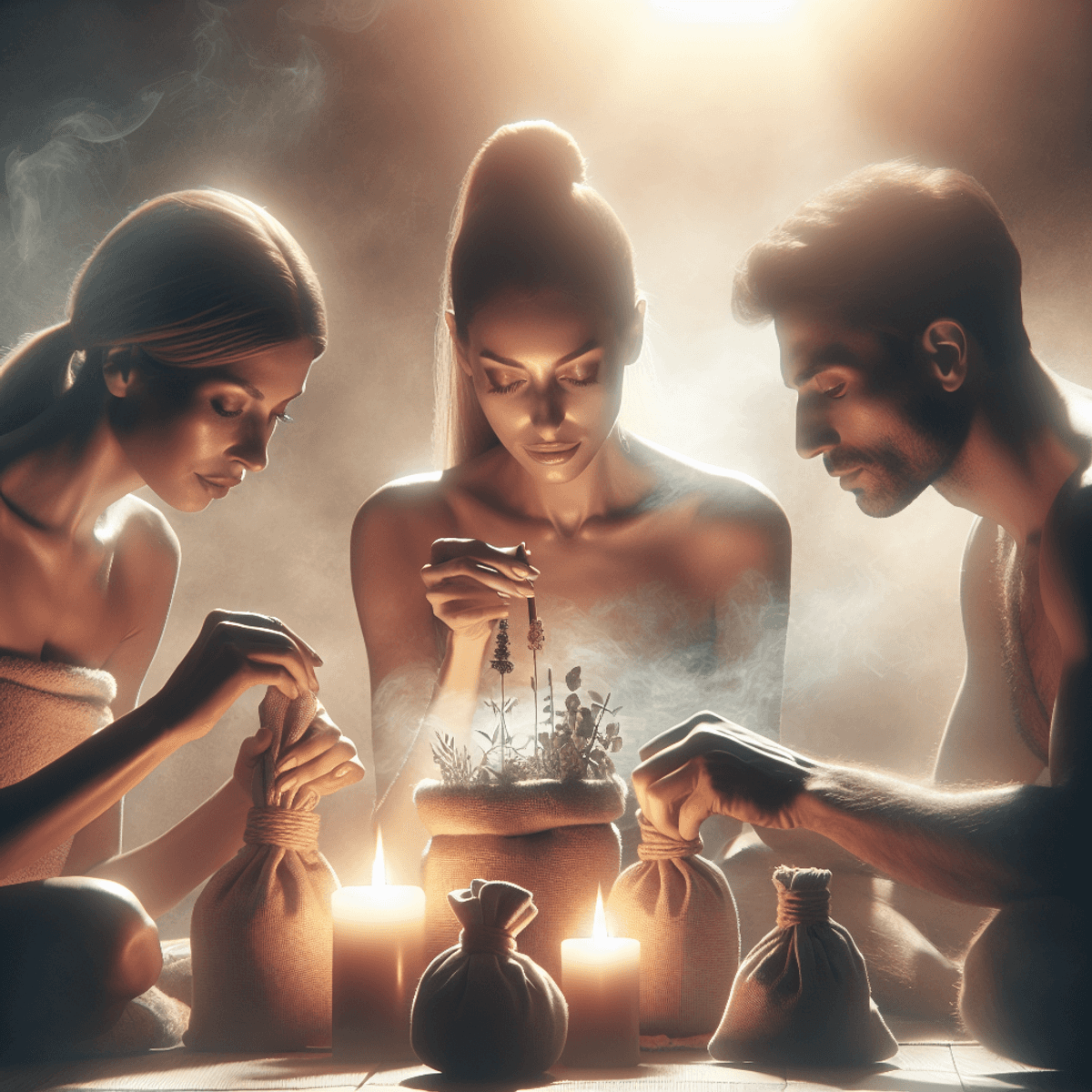 Dashakarma Therapy 5 A serene wellness scene featuring a Caucasian woman, an Asian man, and a Hispanic woman engaged in dosha balancing therapy. They are focused and relaxed, surrounded by bags of various herbs that emit aromatic steam. The soft, dim lighting creates a calming atmosphere, enhancing the sense of tranquility and healing in the environment.