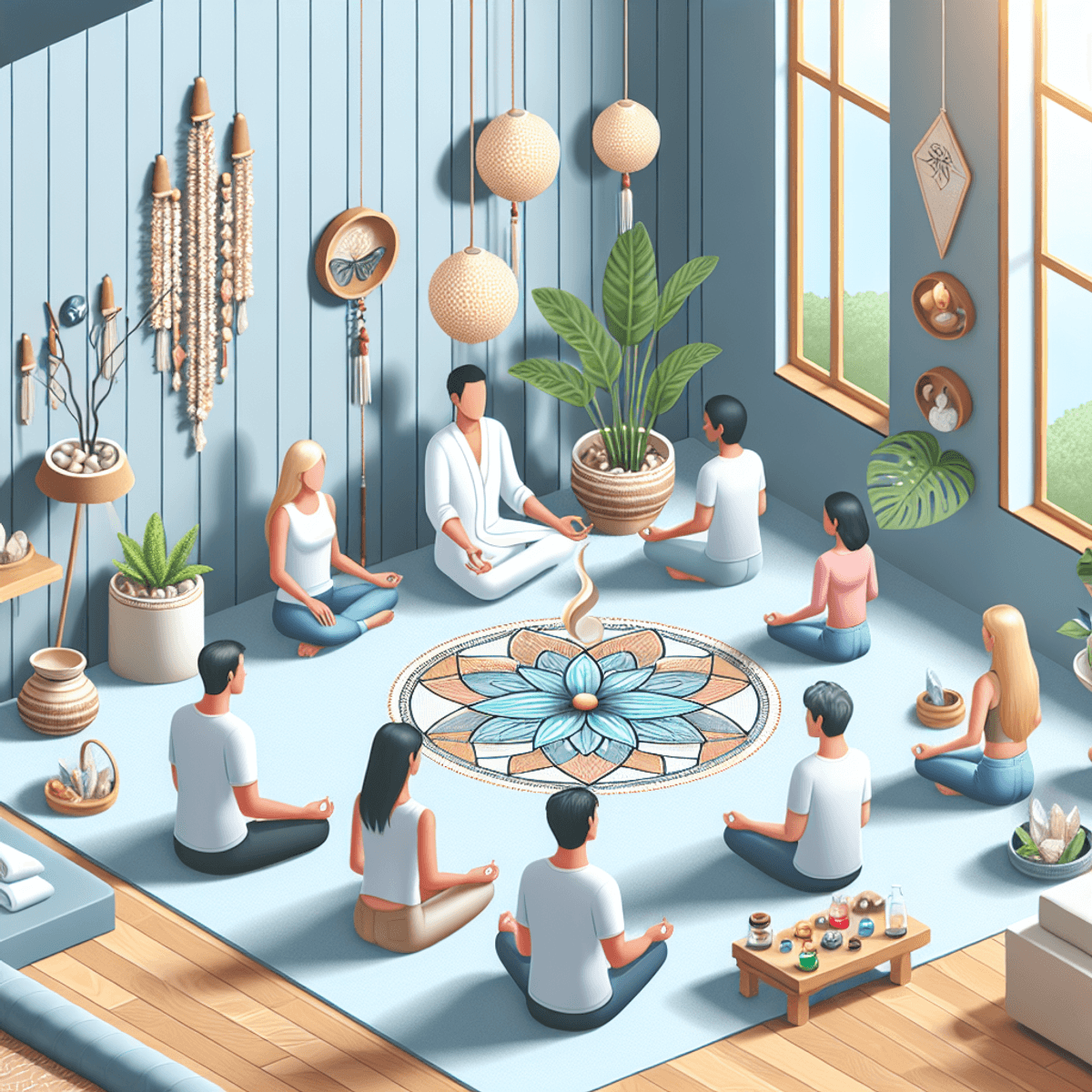 Dashakarma Therapy 6 A calming therapy room with soothing tones, featuring a diverse group engaged in Vamana therapy. In the center, a Caucasian man, an Asian woman, and a Hispanic man are participating in a wellness session. The room is adorned with lush houseplants, crystals, and herbal remedies, creating a serene ambiance that showcases harmony with nature and the healing potential of the session.