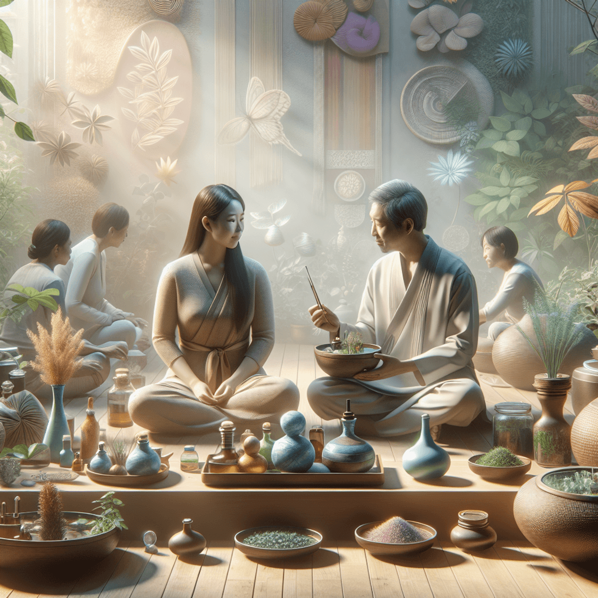 Dashakarma Therapy 8 A serene wellness scene featuring a diverse group of individuals practicing Ayurvedic treatments. In the foreground, an East Asian woman and a Hispanic man engage in conversation, surrounded by an array of vibrant herbs and plants. Soft, diffused lighting filters through the foliage, casting a warm glow over the scene. The atmosphere is calm and inviting, with elements like wooden bowls filled with herbal concoctions and delicate flowers enhancing the sense of tranquility and healing. The overall composition radiates balance and harmony in a natural setting.