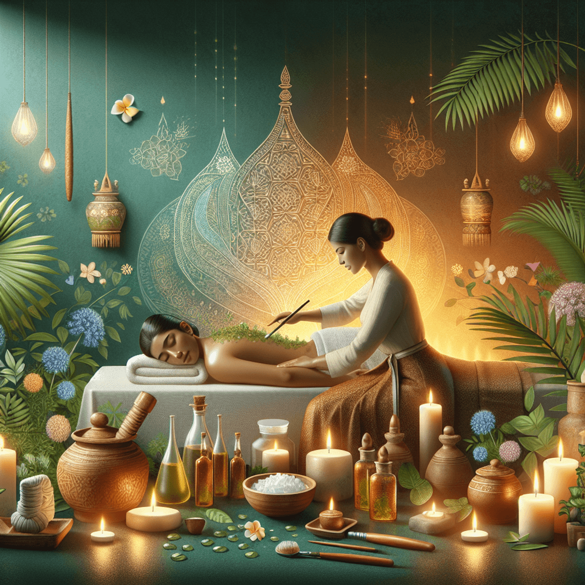 Dashakarma Therapy 2 A serene spa environment featuring a Hispanic woman lying on a massage table, receiving an Abhyanga massage with warm herbal oils. The room is softly lit by glowing candles, surrounded by lush green plants, creating a tranquil atmosphere that promotes detoxification and balance.
