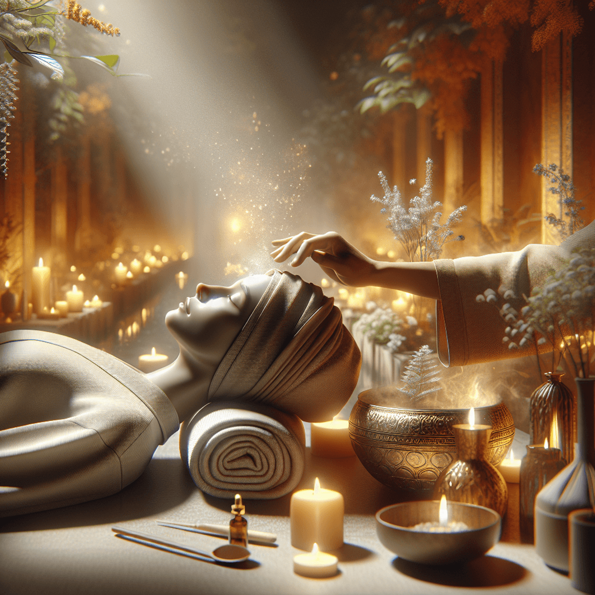 Dashakarma Therapy 9 A Caucasian woman receiving a gentle facial massage in a serene spa setting, surrounded by soft steam and warm lighting. The decor features calming colors and natural elements, with essential oil diffusers subtly emitting fragrant vapors. The atmosphere is tranquil, emphasizing relaxation and wellness, with hints of Nasya therapy's holistic approach visible in the carefully arranged objects around her.