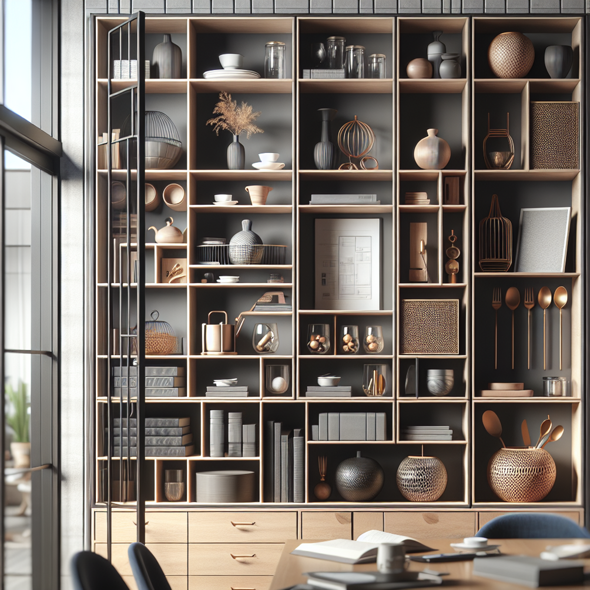 Sleek and modern custom cabinet with open shelves and meticulously organized compartments showcasing decor pieces, books, and utensils.