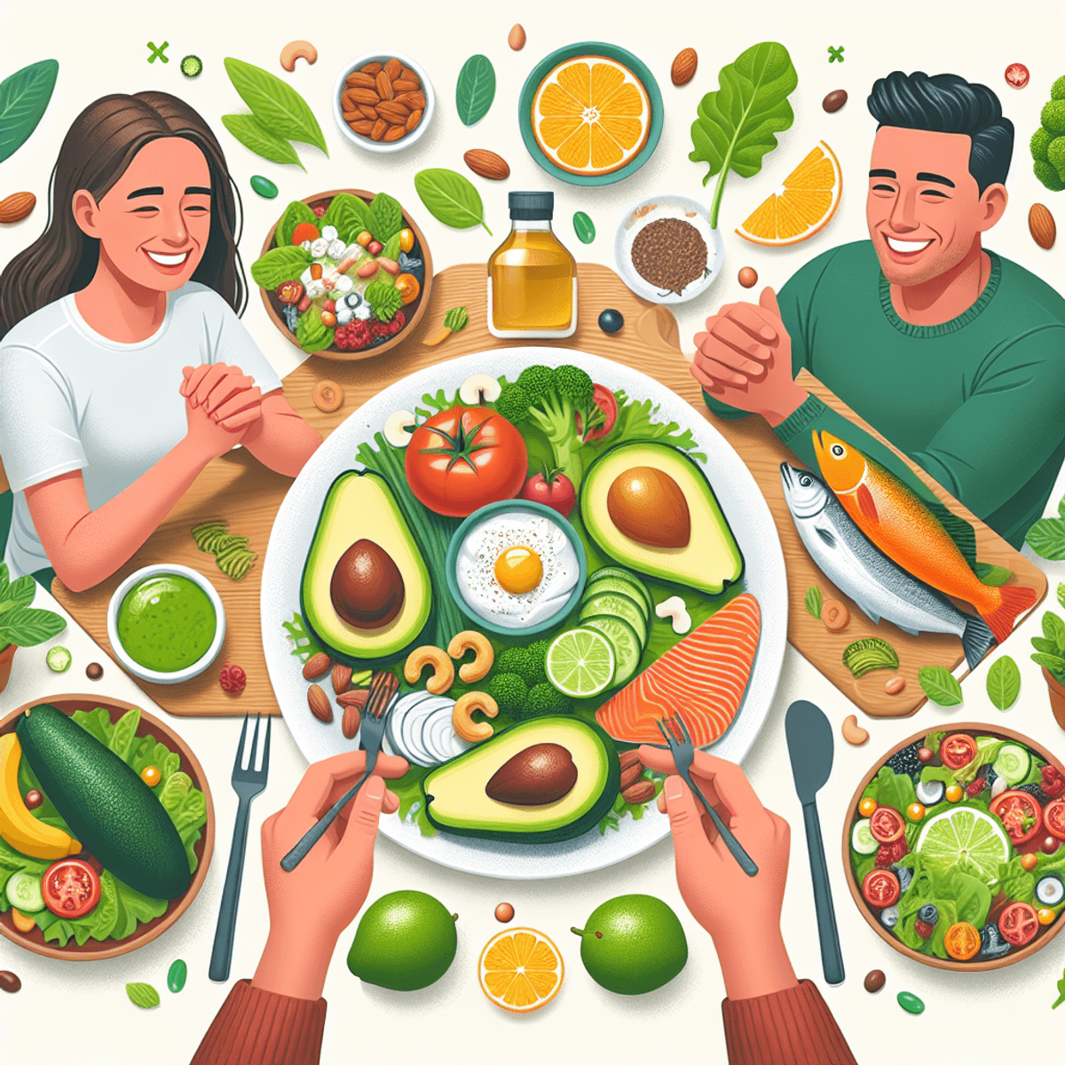 A vibrant and lively scene featuring a health-focused meal spread on a beautifully arranged plate with avocados, nuts, fatty fish, and an assortment of leafy greens. In the background, a Caucasian woman and a Hispanic man are joyfully enjoying the meal together, engaged in cheerful conversation. The environment is bright and invigorating, reflecting a lifestyle of wellness and vitality, with natural light illuminating the colorful foods and the smiling faces of the diverse individuals.