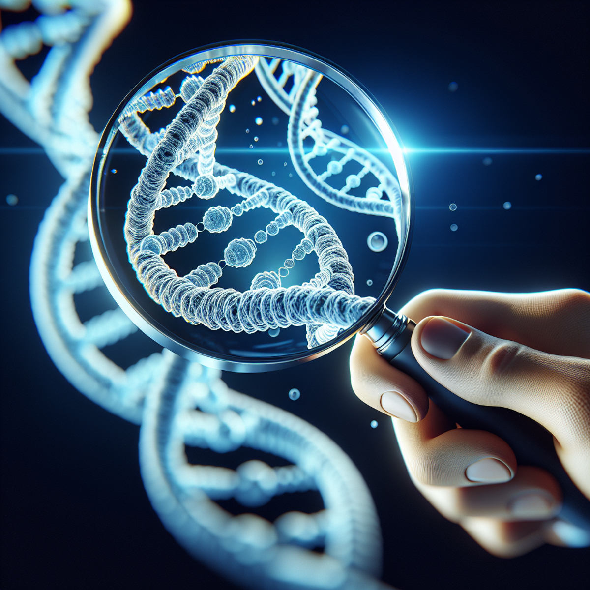 A close-up of a DNA double helix strand with a magnifying glass zooming in on specific sections.