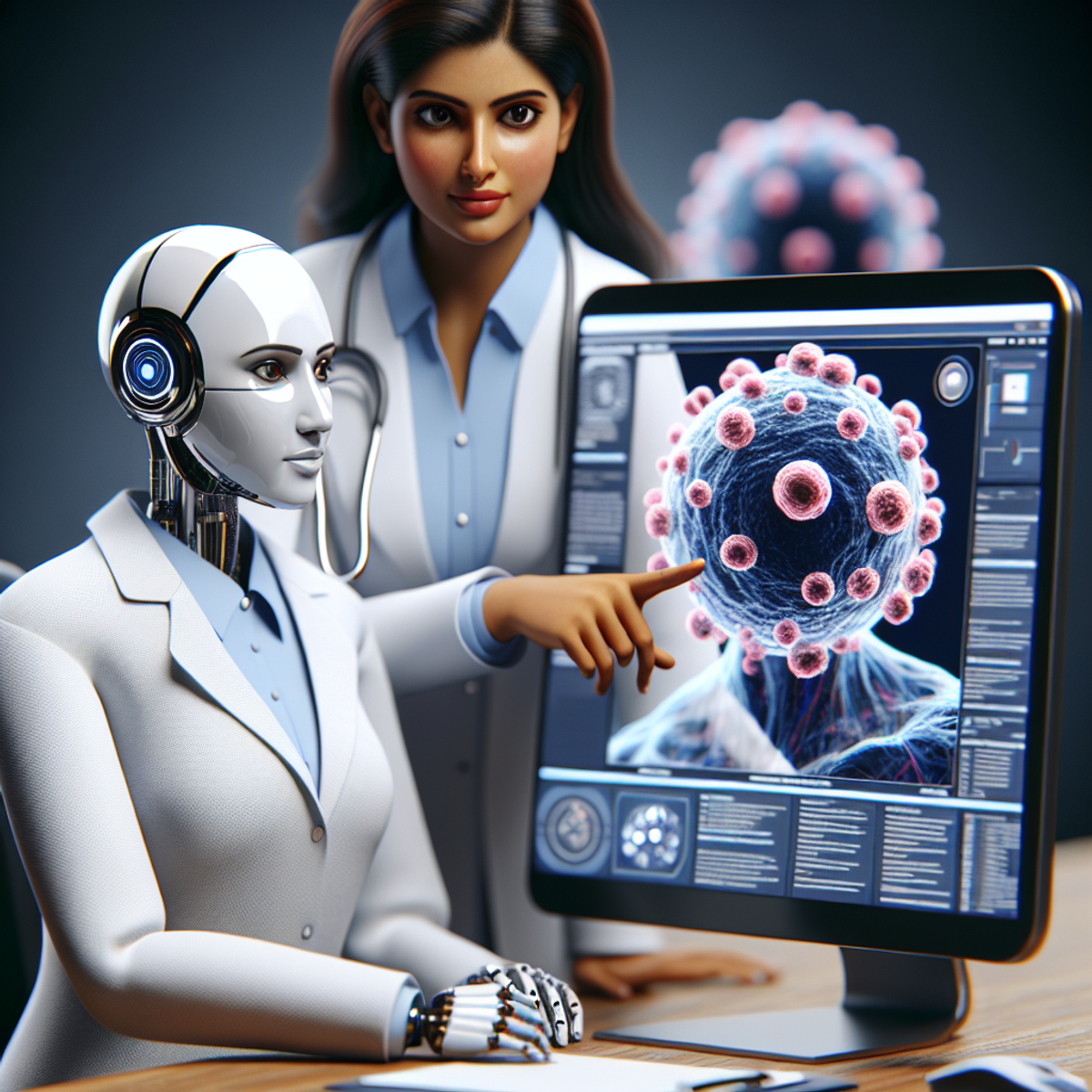 A South Asian female doctor pointing at a cancer cell on a computer screen, discussing with a personified computer.