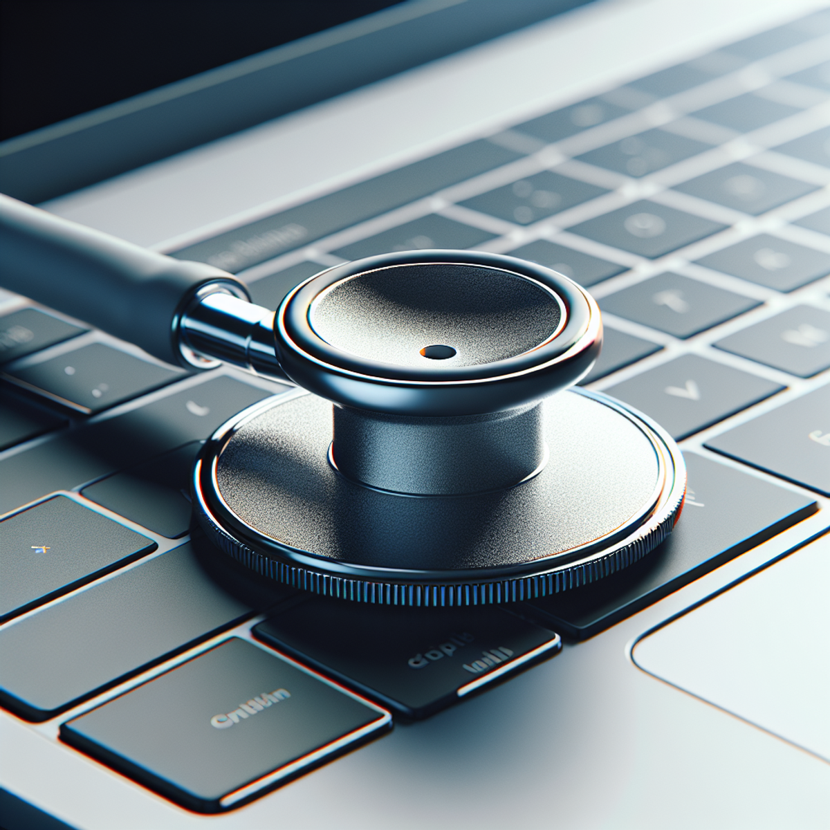 A stethoscope resting on a laptop keyboard.