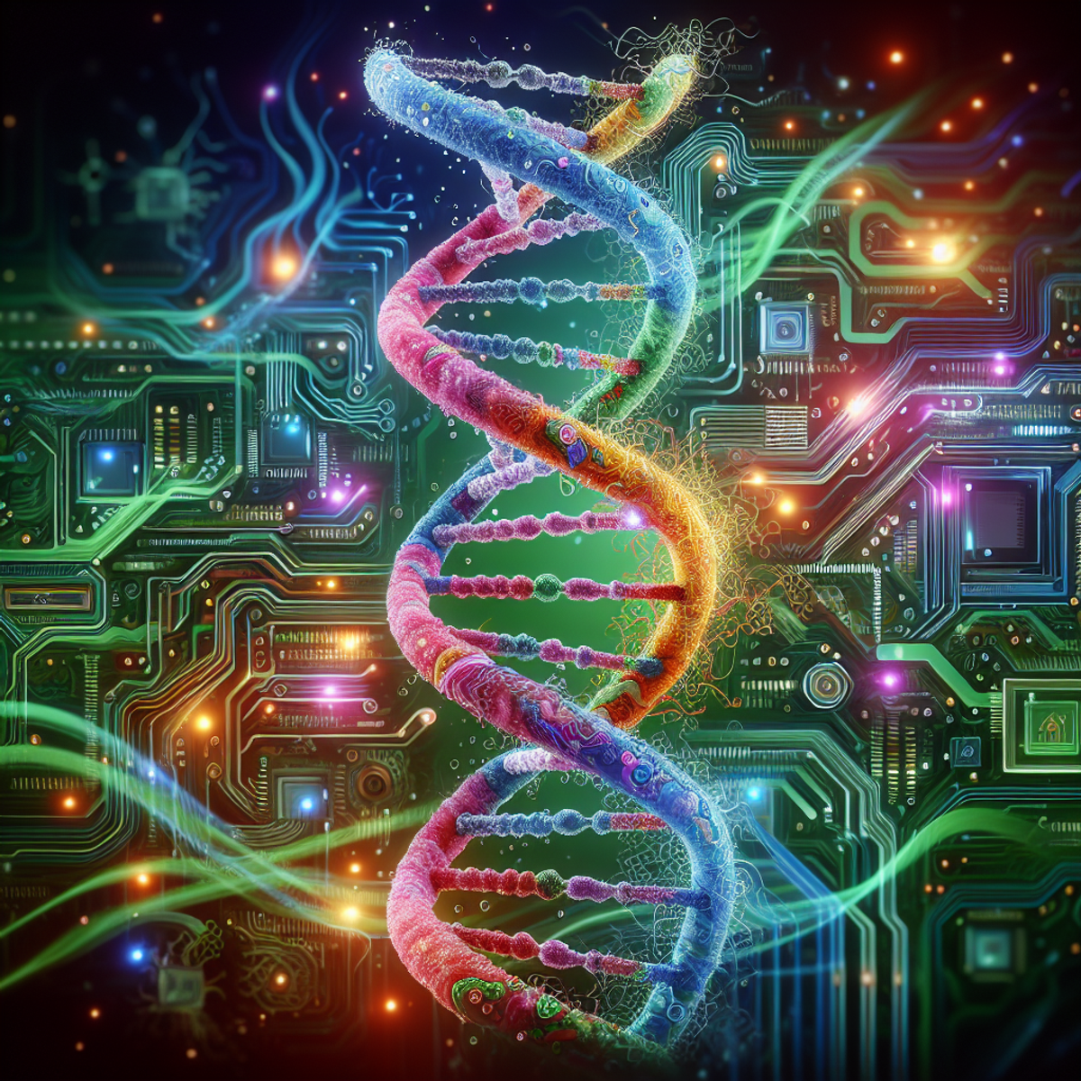 A DNA strand intertwined with a green circuit board, symbolizing the convergence of biology and technology in precision medicine.