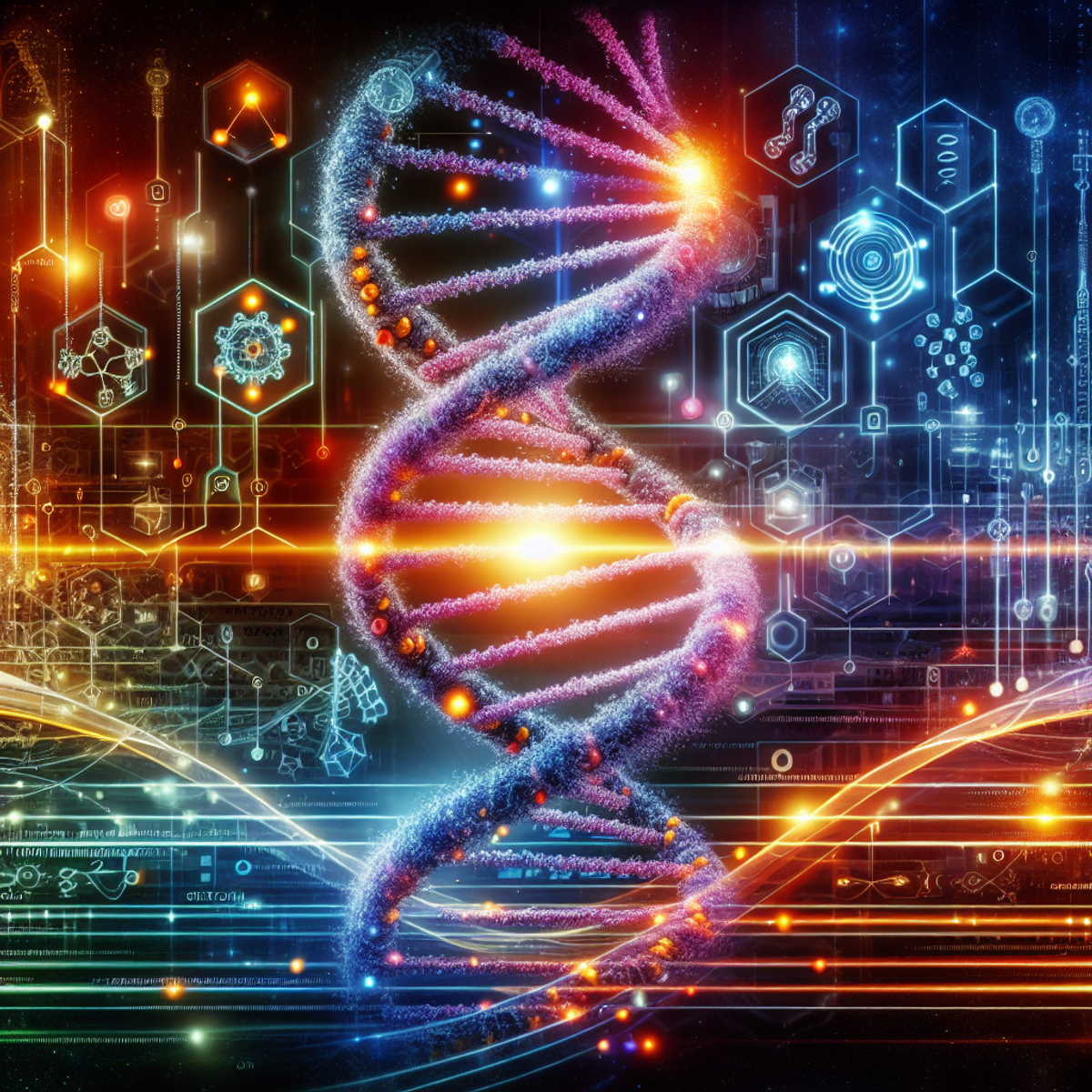 A futuristic and vibrant DNA helix intertwined with abstract symbols of technology.