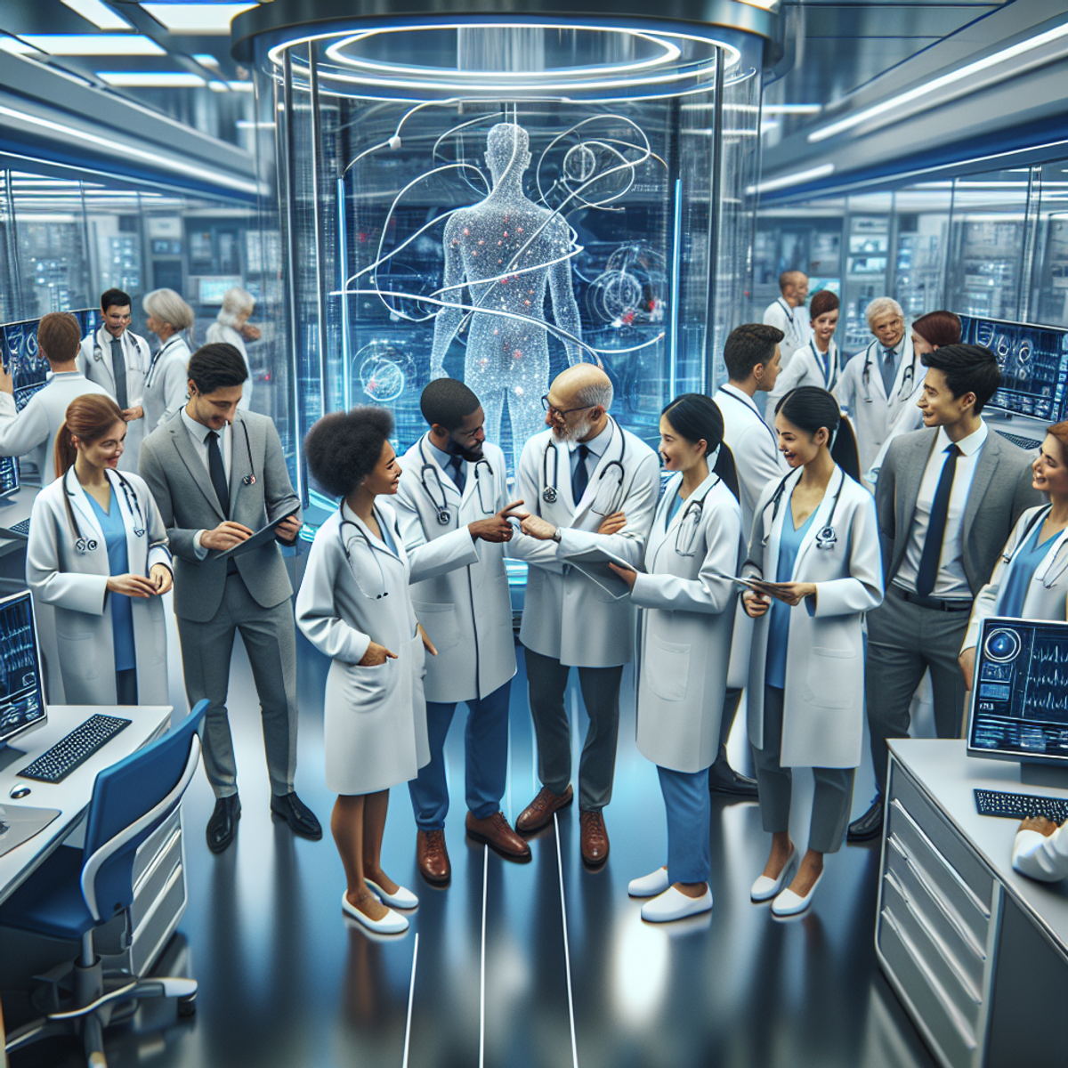 A diverse group of doctors and scientists collaborate in a modern, technologically advanced laboratory filled with cutting-edge medical equipment.
