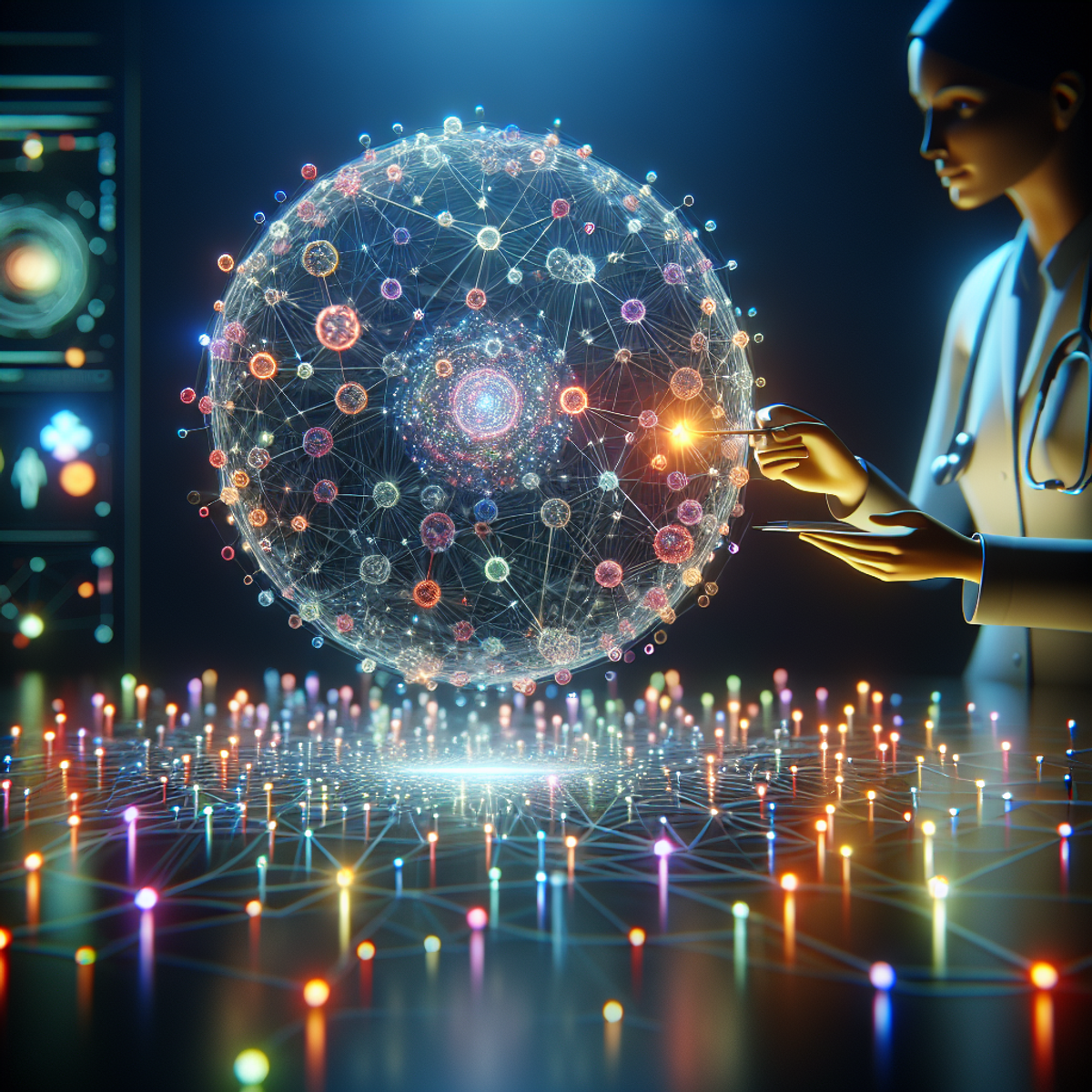 A female researcher of Hispanic descent examining a glowing network of colorful medical data points in a futuristic research lab.