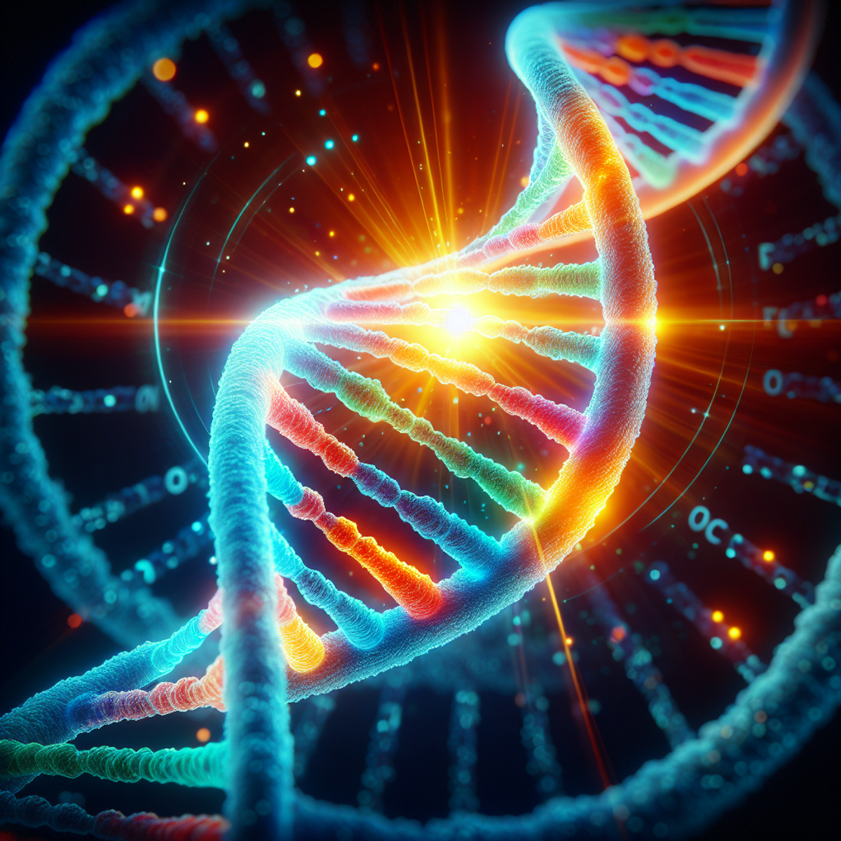 A close-up of a glowing, colorful DNA helix.