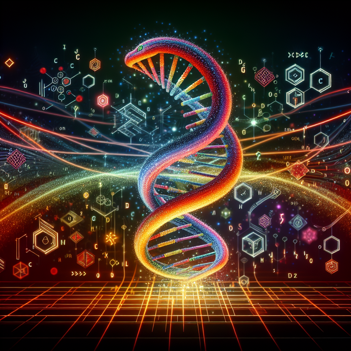 A DNA double helix intertwines with abstract Python programming symbols in a vibrant and dynamic display of the fusion between precision medicine and coding.