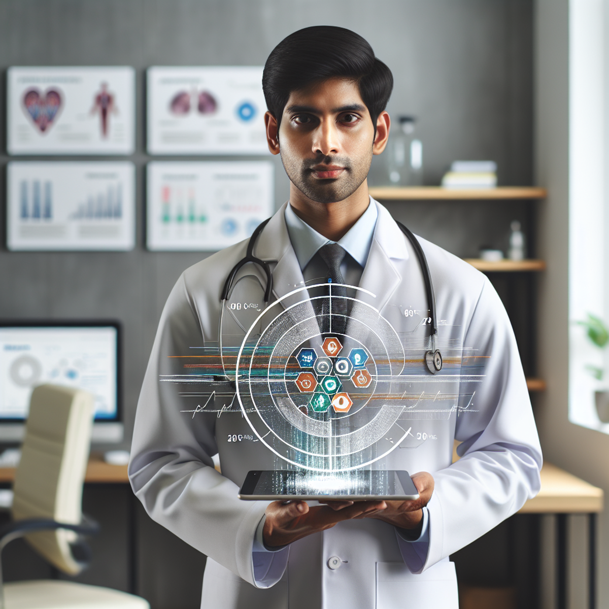 Male South Asian doctor holding a tablet with a complex chart.