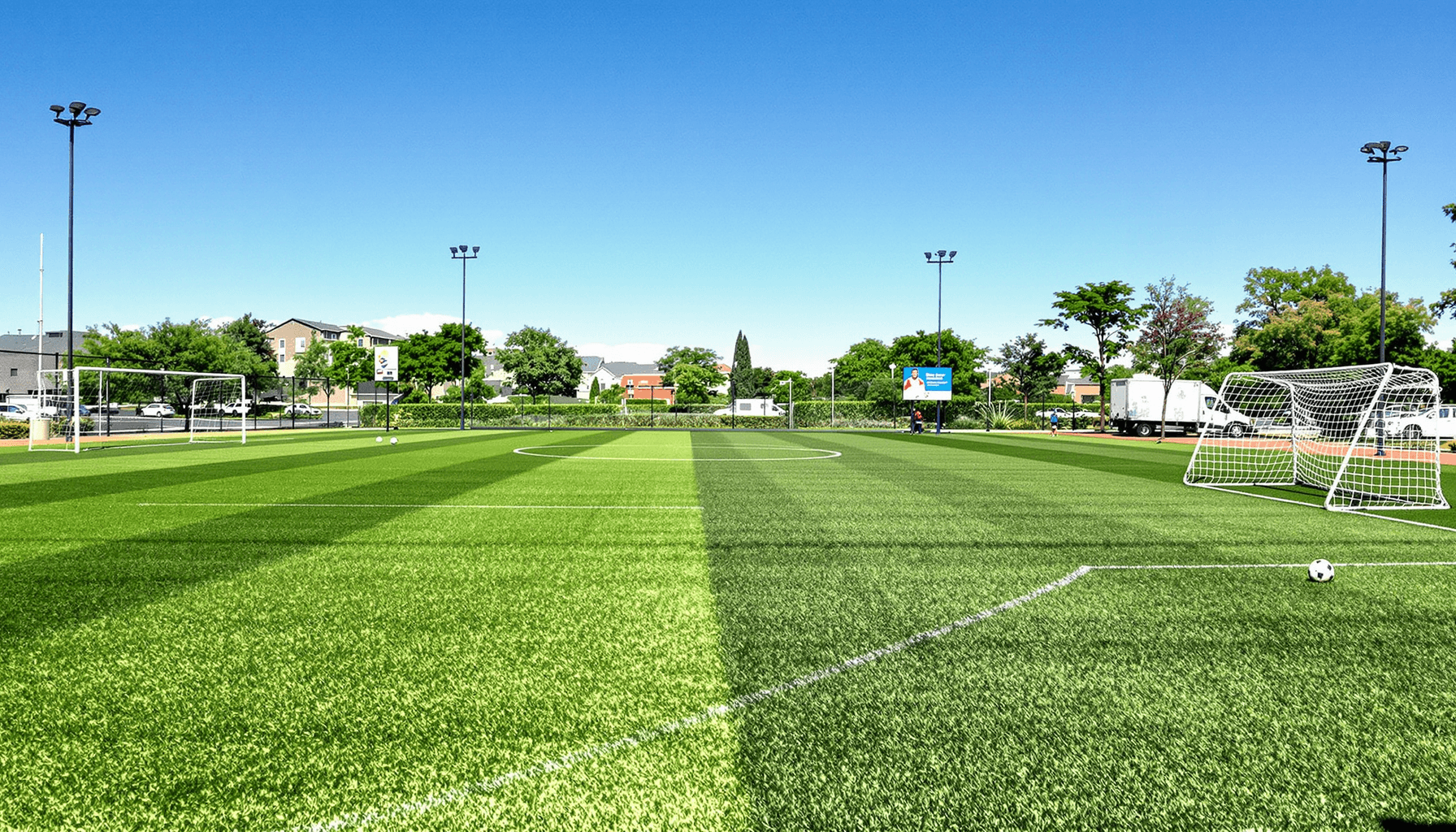 Top Soccer Fields Near You – Book Playgrounds & Turf 2025 3 Outdoor soccer field with natural grass and artificial turf under clear blue skies, goalposts, and soccer balls on the ground in a well-kept sports setting.