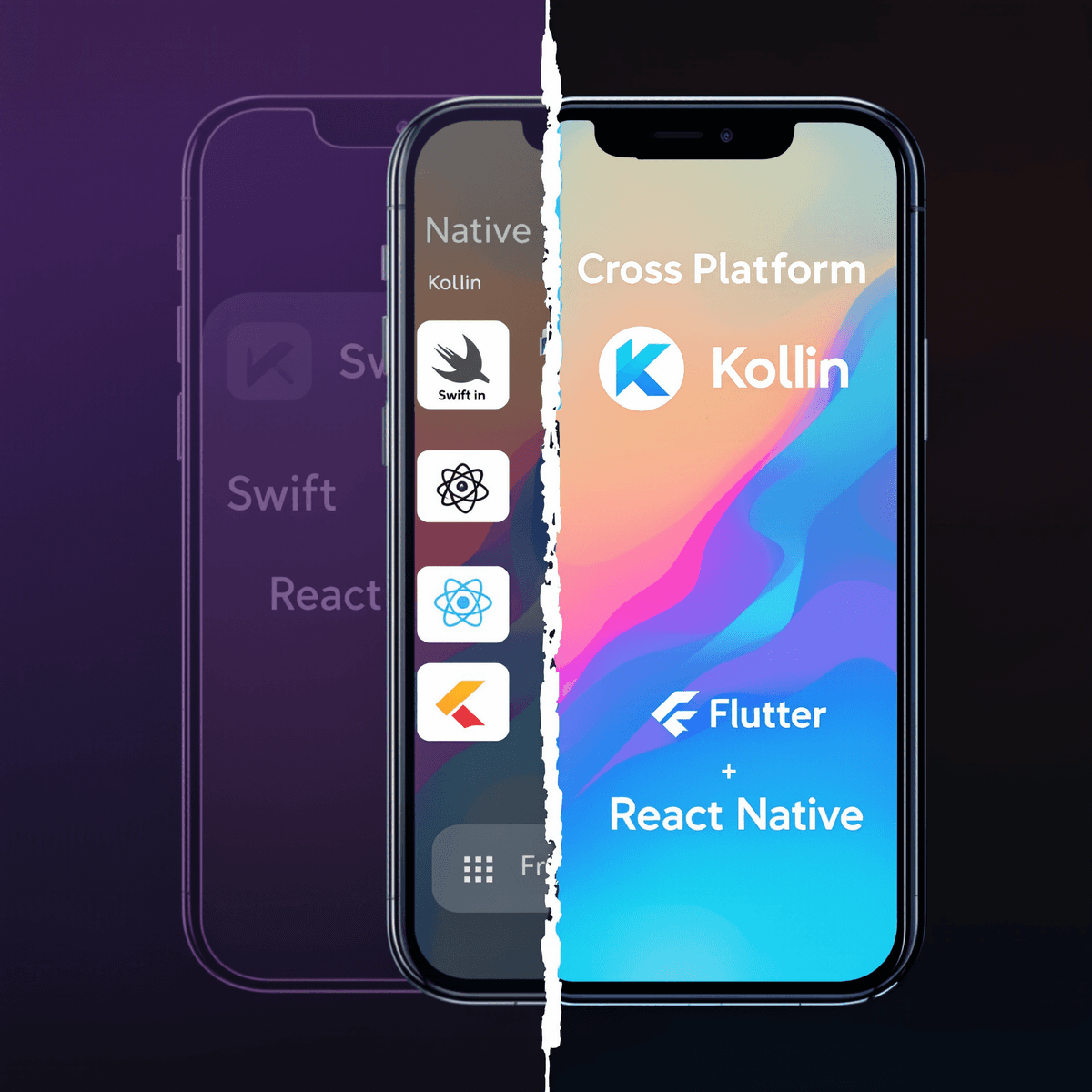 Split-screen image of smartphones showing native app development icons (Swift, Kotlin) on one side and cross-platform development icons (React Native, Flutter) on the other.