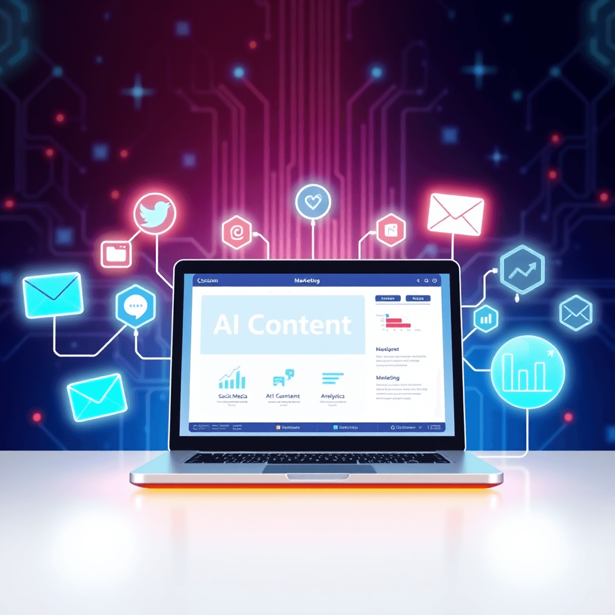 A modern digital workspace with a laptop displaying AI content creation software, vibrant social media icons, and abstract circuit patterns in the background.