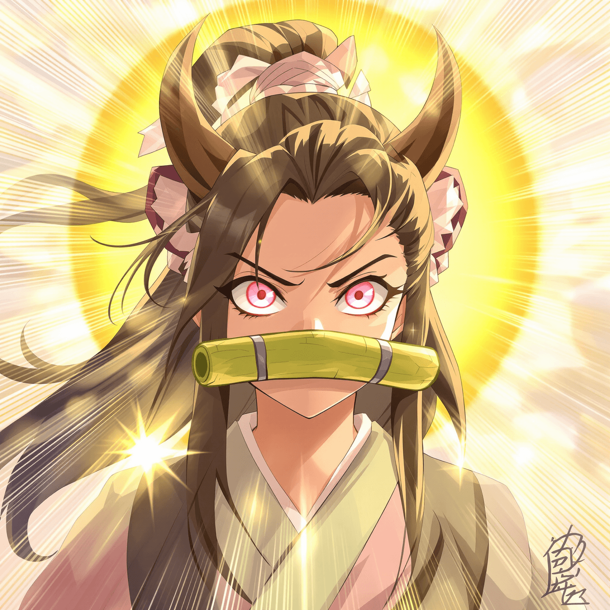 Realistic illustration of Nezuko Kamado with pink eyes, bamboo muzzle, glowing sunlight rays, and subtle background hinting at size change and energy recovery.