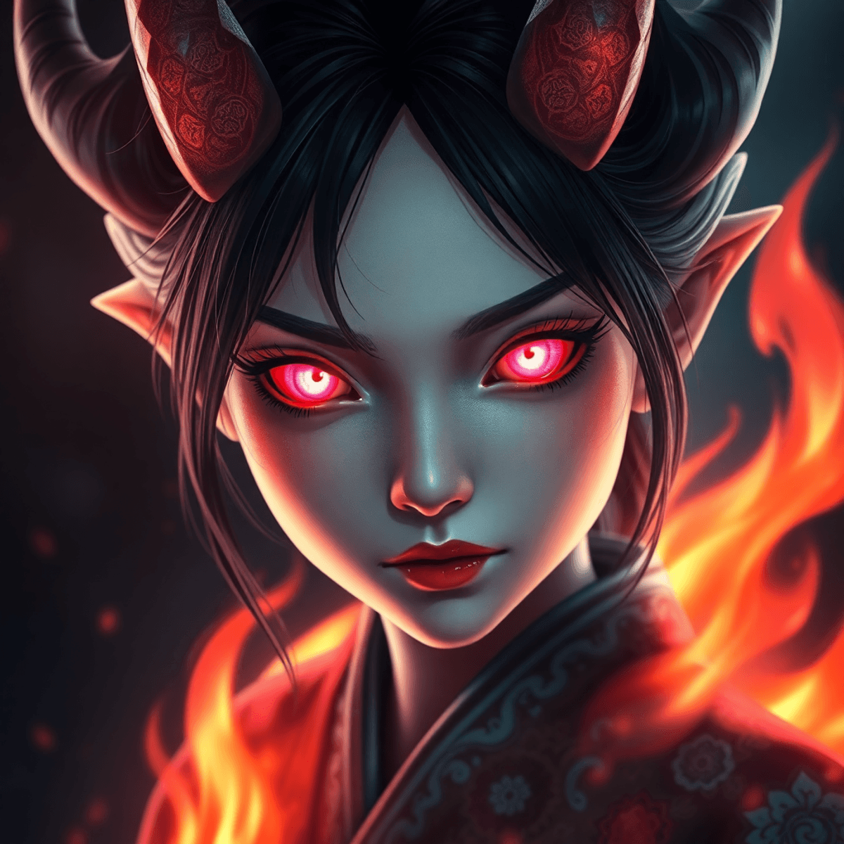 Close-up of a young female demon with glowing pink-to-red eyes, subtle flames around her, wearing detailed traditional Japanese clothing against a dark mystical background.