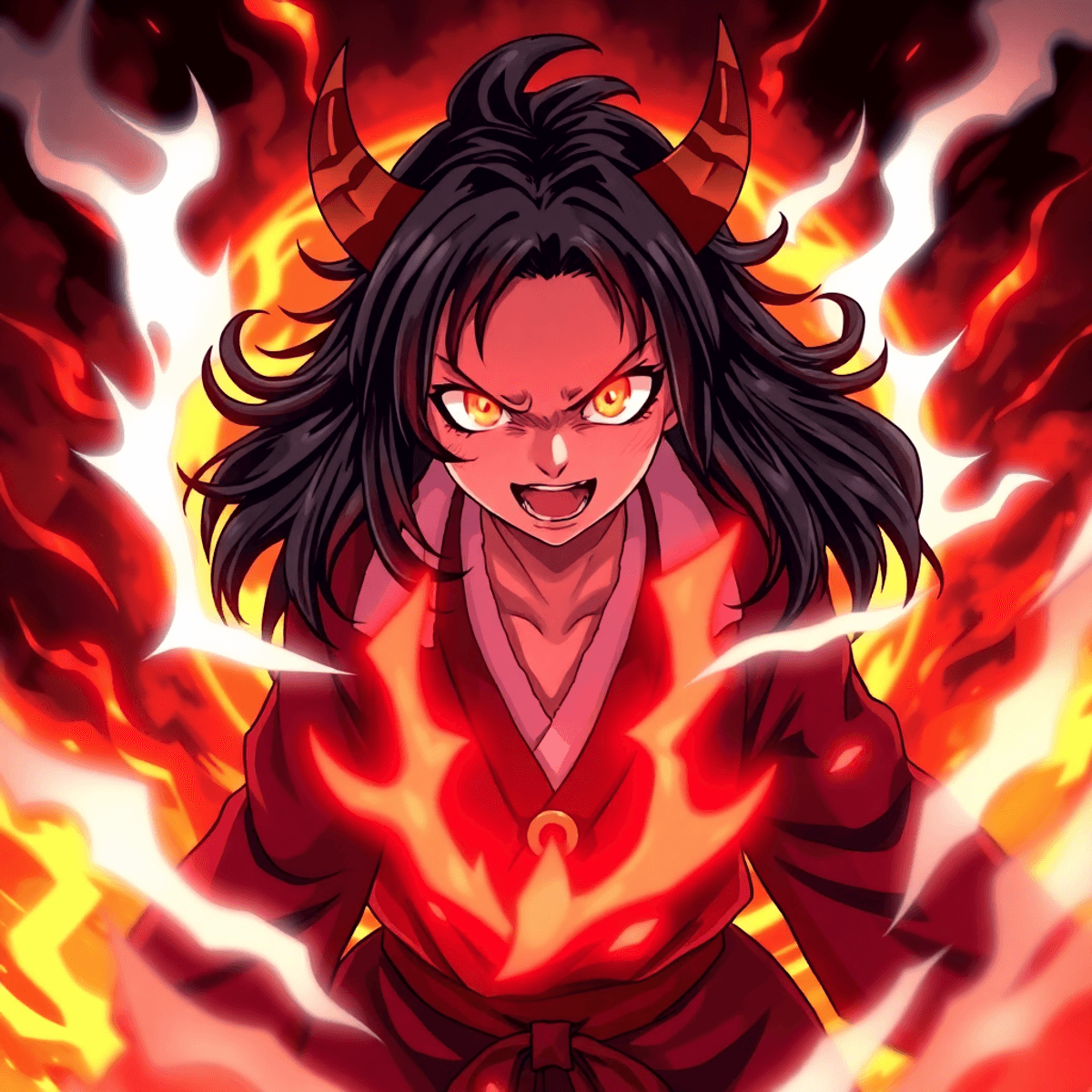 Nezuko mid-transformation with glowing eyes and demon features, set against a dark, fiery background symbolizing intense energy and conflict.