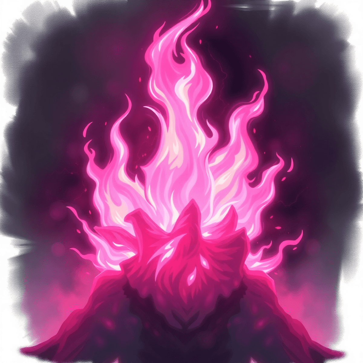 Vivid pink flames erupting dynamically against a dark, smoky background, symbolizing powerful and mystical energy in a realistic style.