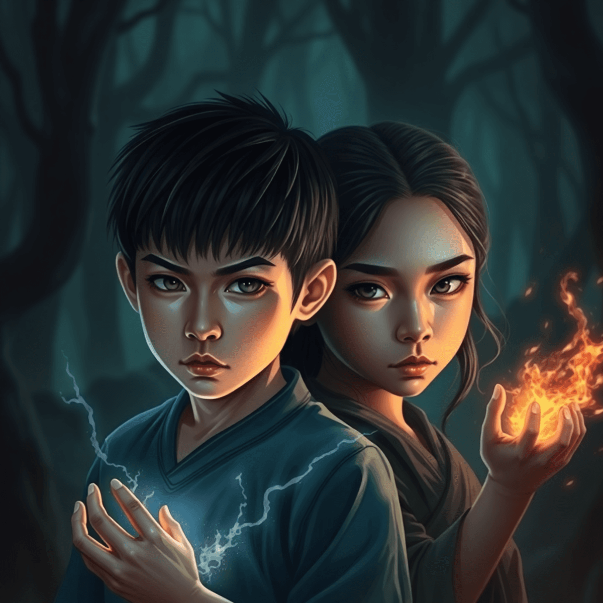 A young brother and sister with determined expressions, glowing energy around them, standing in a dark mystical forest.