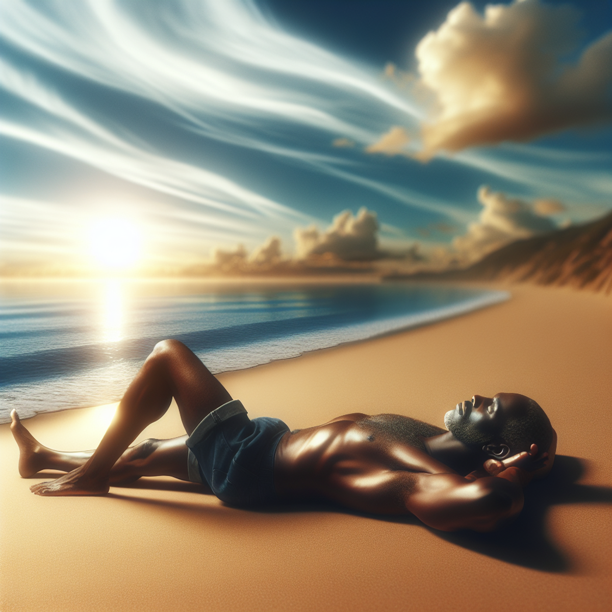 A middle-aged Black man reclining on a sandy beach, gazing at the tranquil ocean as the sun sets.