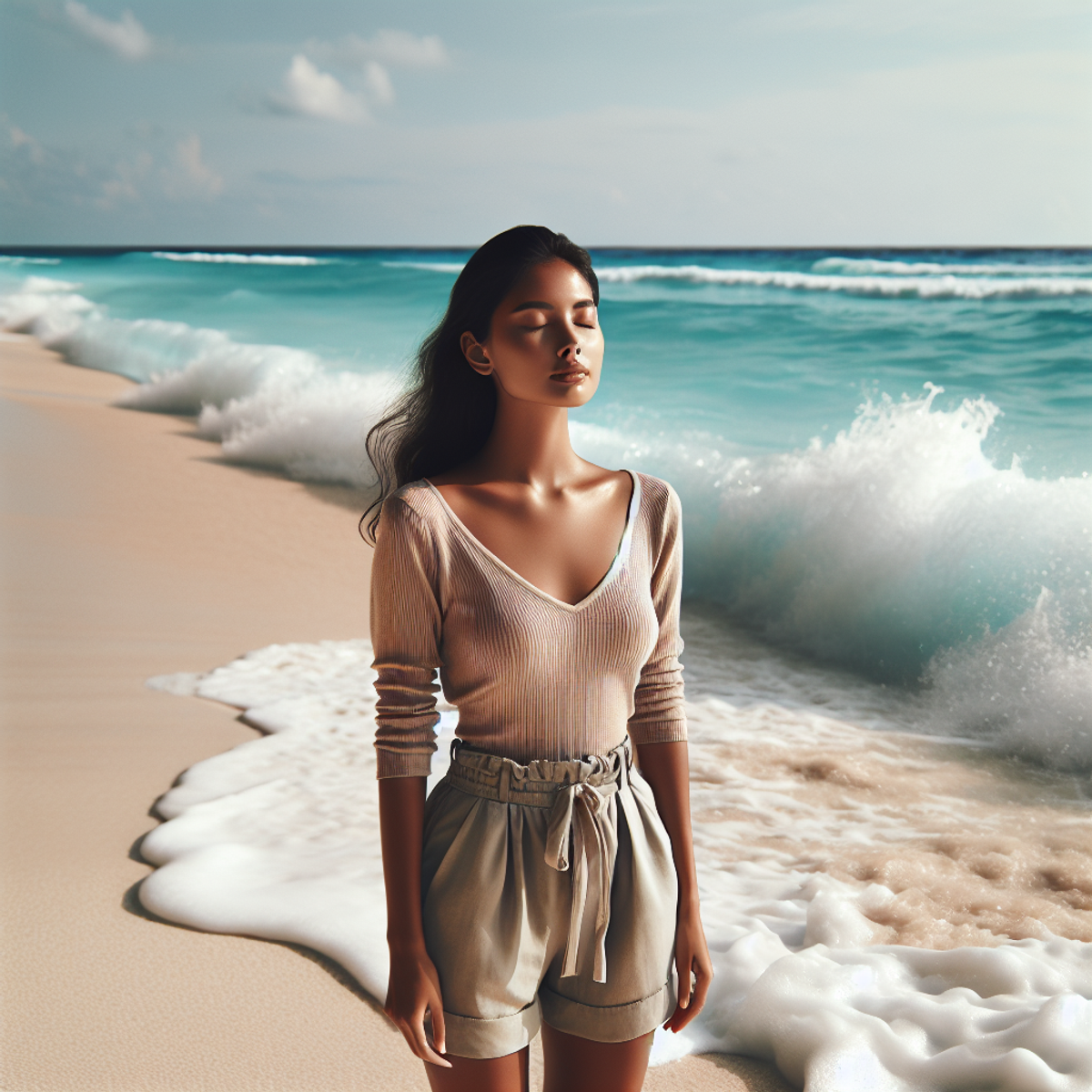 A South Asian woman standing on a tranquil beach with her eyes closed, feeling the energy of the ocean.