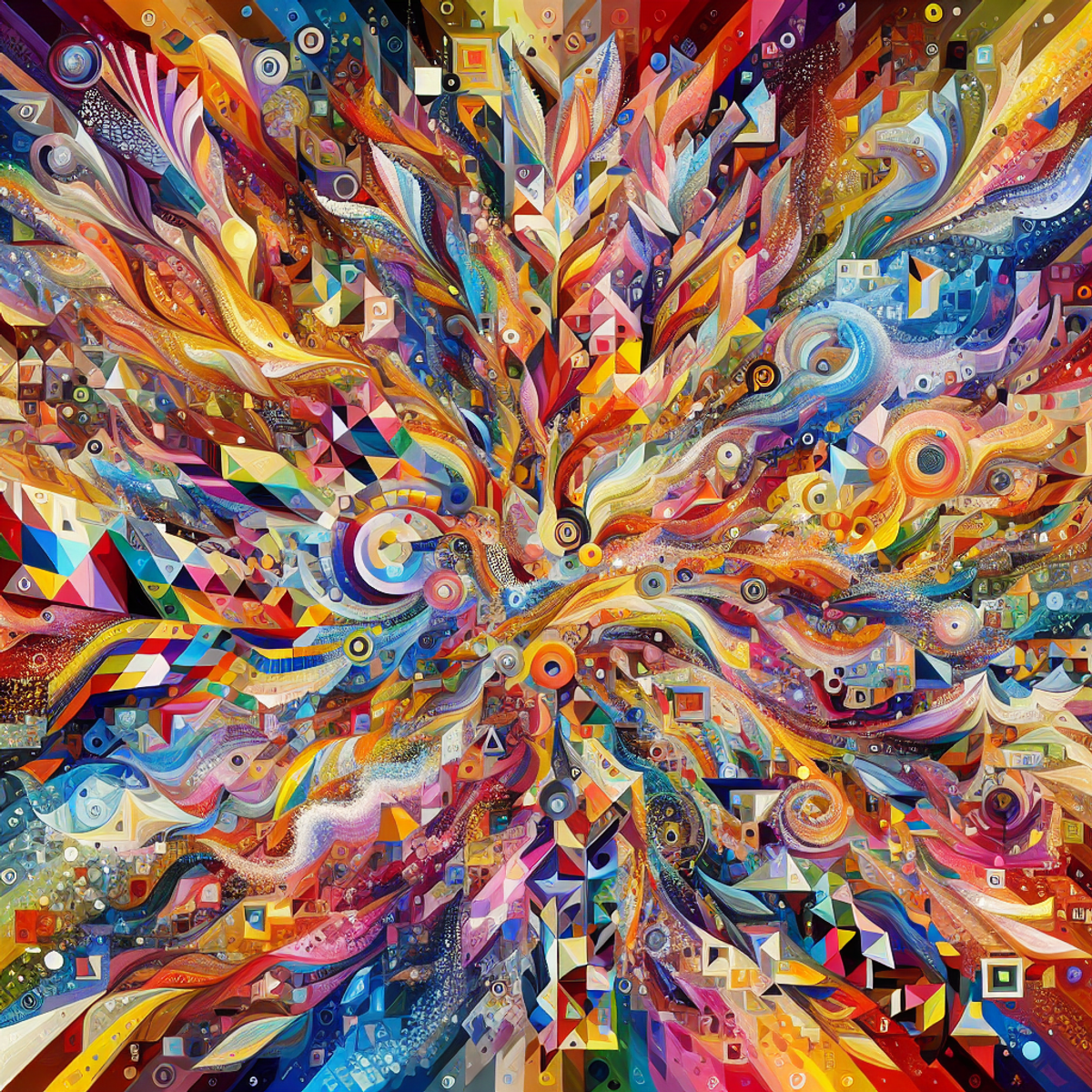 Abstract explosion of colorful geometric shapes and patterns.