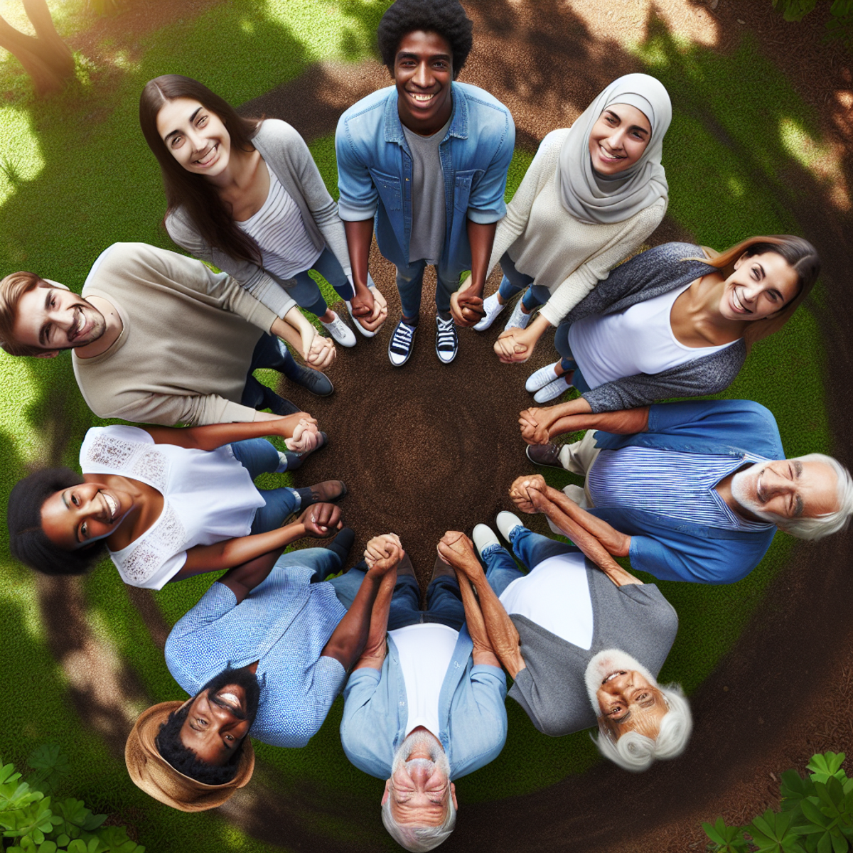 A diverse group of people holding hands in a circle outdoors.