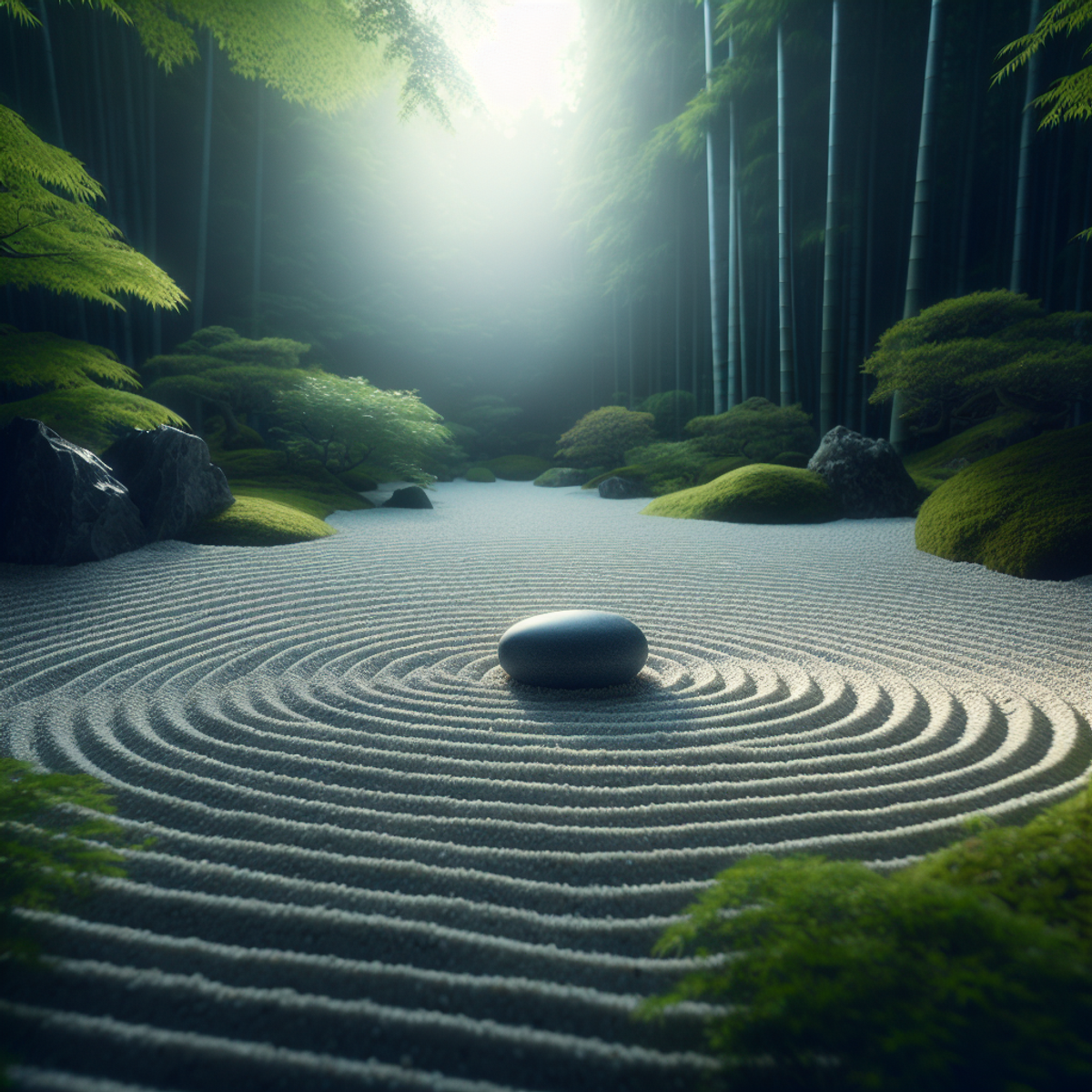 A serene Zen garden with a single pebble at its center, surrounded by raked sand patterns and minimalistic vegetation.