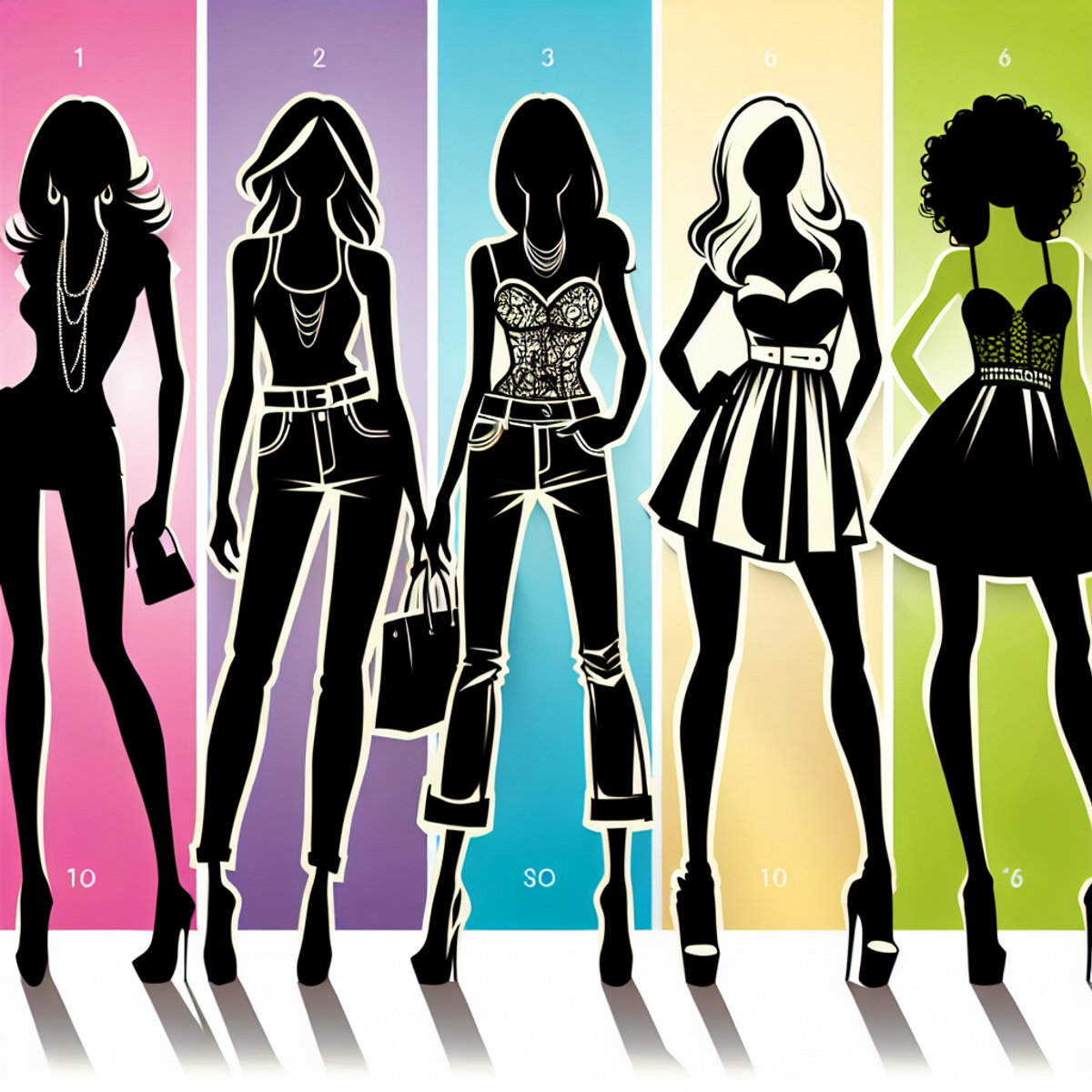 A diverse group of stylish silhouettes representing different body types in fashionable attire against a colorful background.