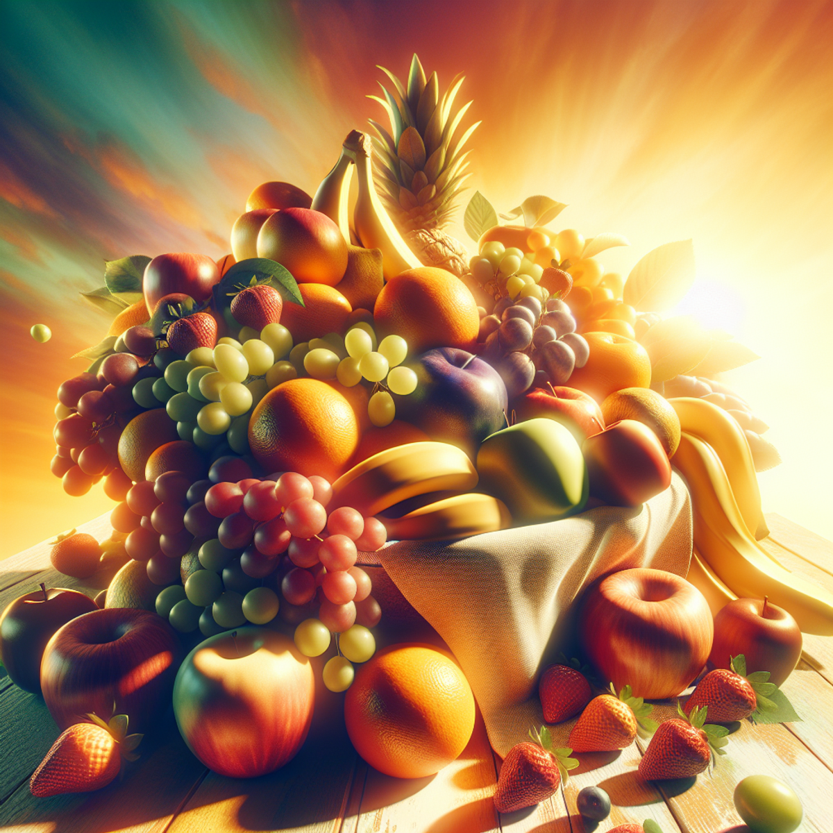A bowl filled with oranges, bananas, apples, grapes, and strawberries illuminated by the setting sun.