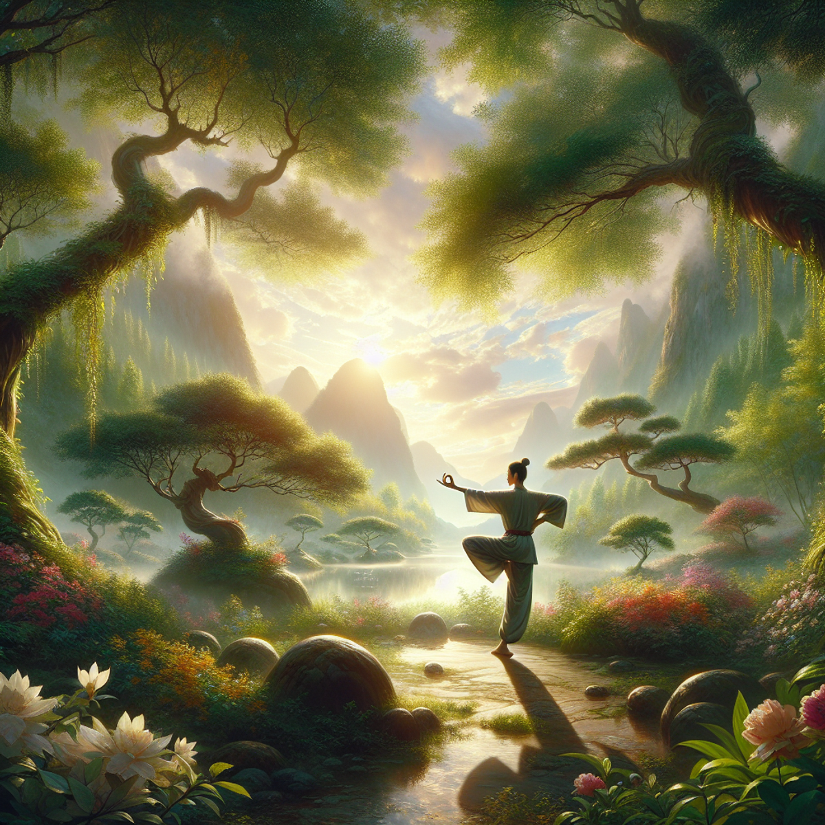 A person practicing yoga, tai chi, and qigong in a serene natural setting with lush greenery, blooming flowers, and towering trees.