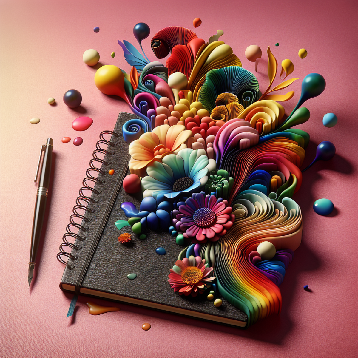 A colorful journal with a pen resting on top, surrounded by vibrant flowers and abstract shapes.