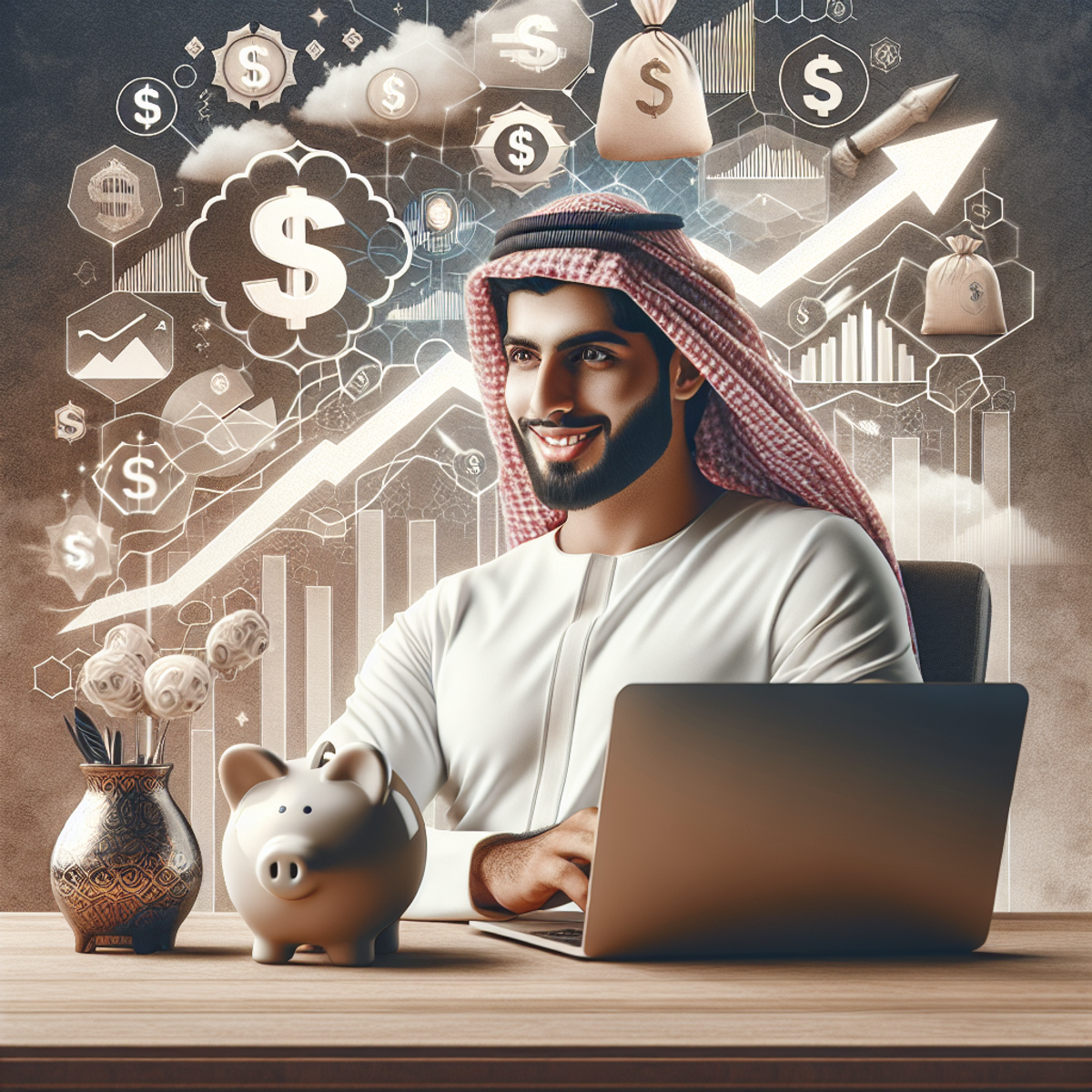 A Middle-Eastern man sitting comfortably with a laptop, surrounded by symbols of wealth and financial success.