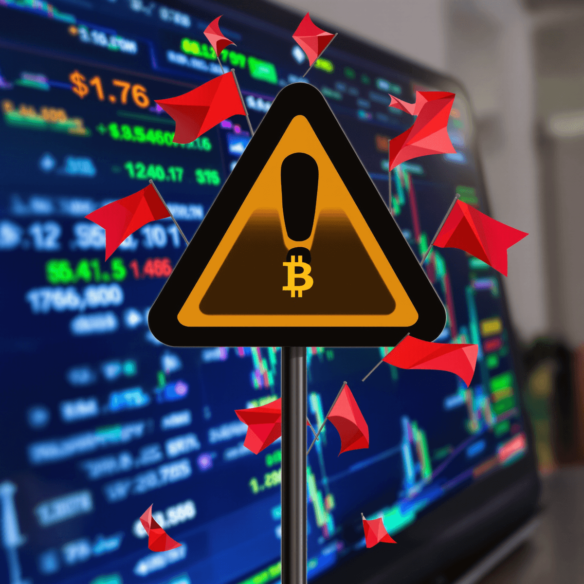 A warning sign featuring a cryptocurrency symbol, surrounded by red flags and exclamation marks, against a blurred computer screen displaying suspicious trading data.