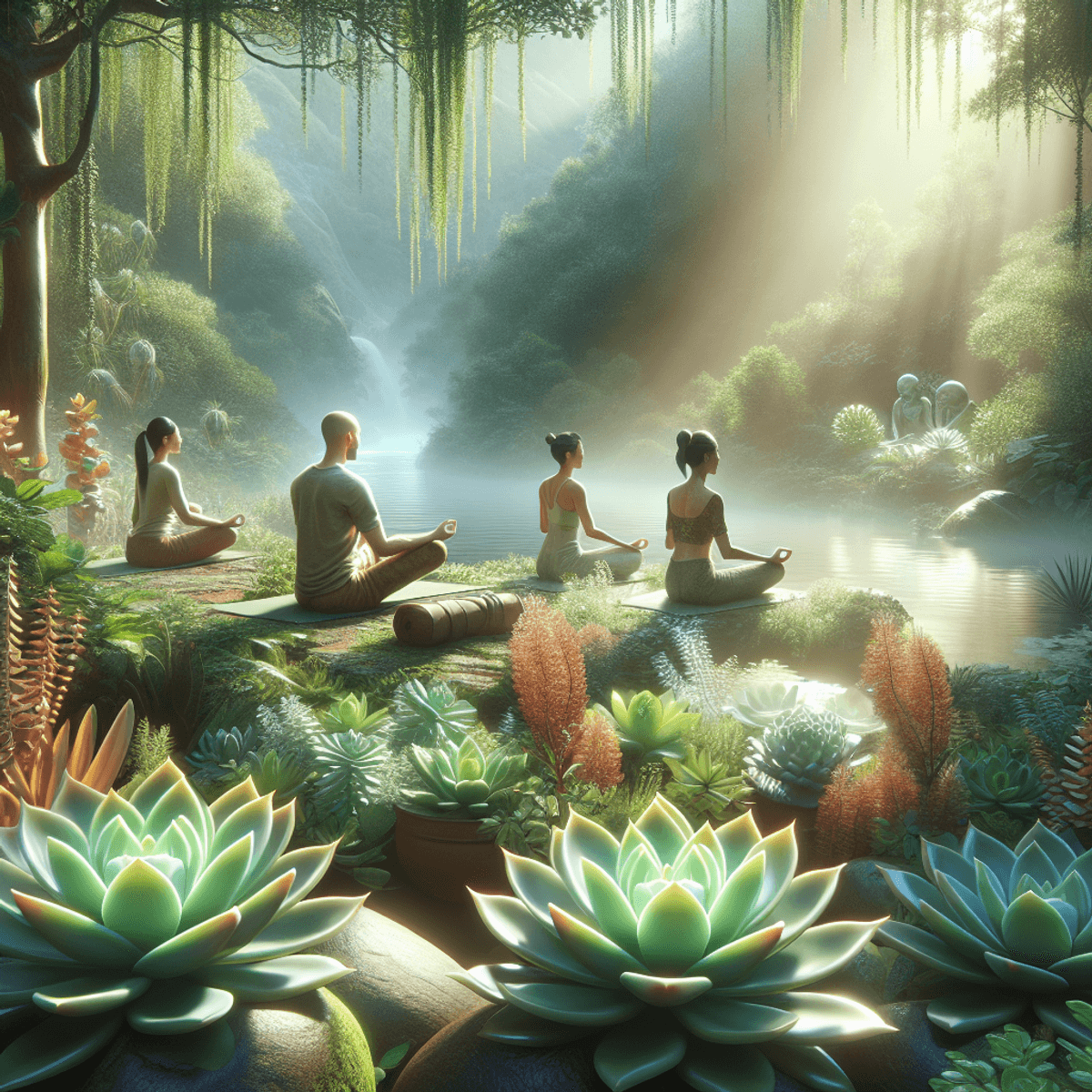 Brain Tumor Treatment at Disha Arogya Dham 4 A serene outdoor scene depicting three individuals practicing yoga and meditation: one Caucasian, one Asian, and one Hispanic, surrounded by lush greenery and vibrant succulent plants under soft sunlight. The tranquil atmosphere emphasizes healing and holistic wellness in a natural setting.