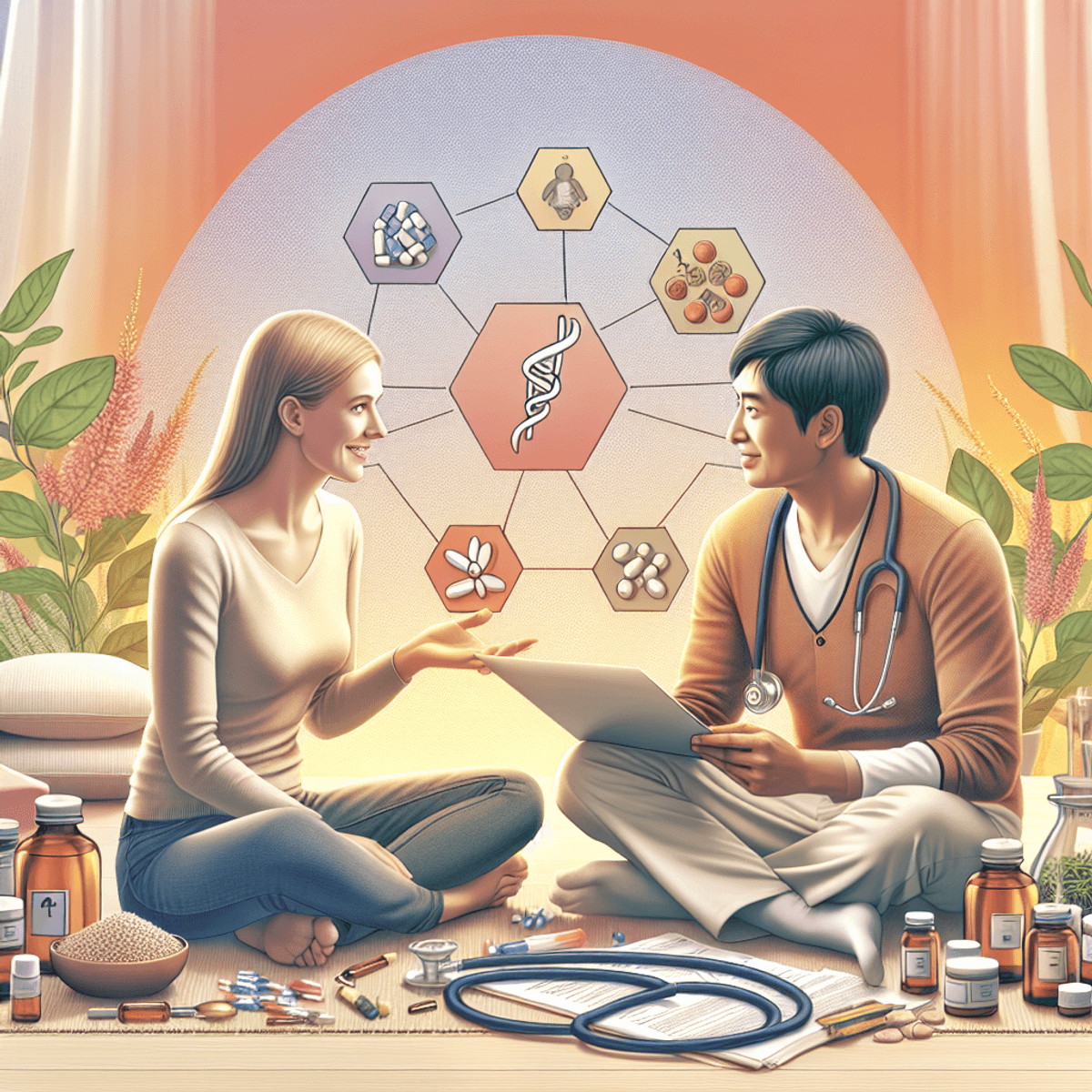 Brain Tumor Treatment at Disha Arogya Dham 5 A Caucasian woman and an Asian man engaged in a lively discussion, surrounded by a warm and inviting room filled with a stethoscope, a notepad resembling a prescription pad, various herbs, and vials of essential oils, symbolizing the blend of conventional and Ayurvedic health strategies for managing seizures.