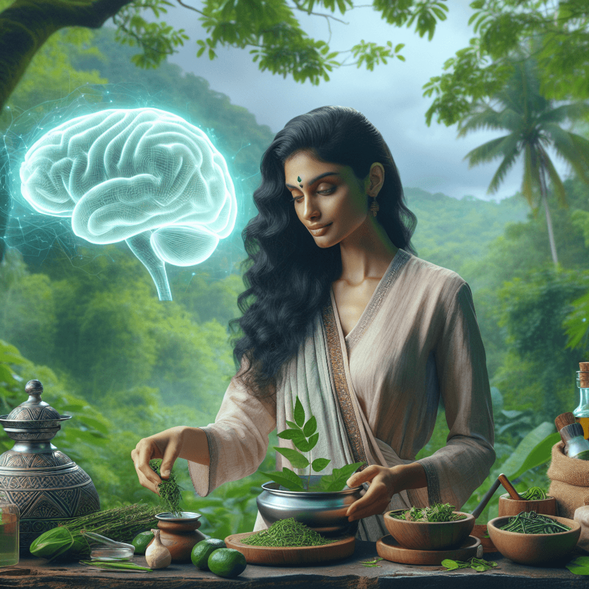 Brain Tumor Treatment at Disha Arogya Dham 3 A serene South Asian woman, dressed in traditional attire, is seen preparing herbal remedies in a tranquil outdoor setting. She is surrounded by lush greenery, with various Ayurvedic herbs and oils laid out before her. The woman carefully handles the herbs, embodying the essence of healing traditions. In the background, a subtle representation of a gently glowing brain can be seen, symbolizing brain health. The overall atmosphere conveys calmness, holistic wellness, peace, and rejuvenation, highlighting the power of nature and traditional medicine.