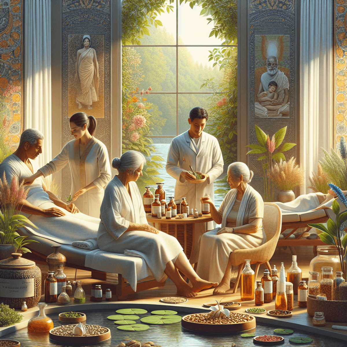 Brain Tumor Treatment at Disha Arogya Dham 6 A serene Ayurvedic clinic setting featuring a diverse group of patients, including Caucasian and Hispanic individuals, engaged in a warm conversation about their therapeutic progress. The environment is adorned with lush greenery and gentle water features, enhancing the tranquil atmosphere. Herbal remedies are visibly placed nearby, while empathetic caregivers attentively listen and support the patients. The scene encapsulates an essence of hope and healing through its calming natural elements and harmonious interactions.