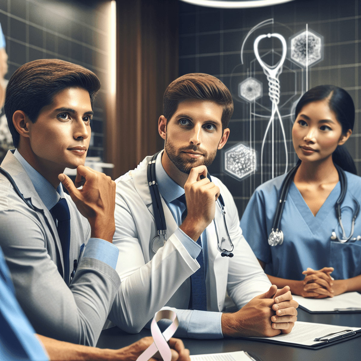 Brain Tumor Treatment at Disha Arogya Dham 8 A Caucasian male doctor in a lab coat and stethoscope discusses a treatment plan with a South Asian female nurse in scrubs, both engaged in a serious conversation in a modern medical office filled with advanced medical equipment, reflecting their commitment to patient care through their expressions and gestures.