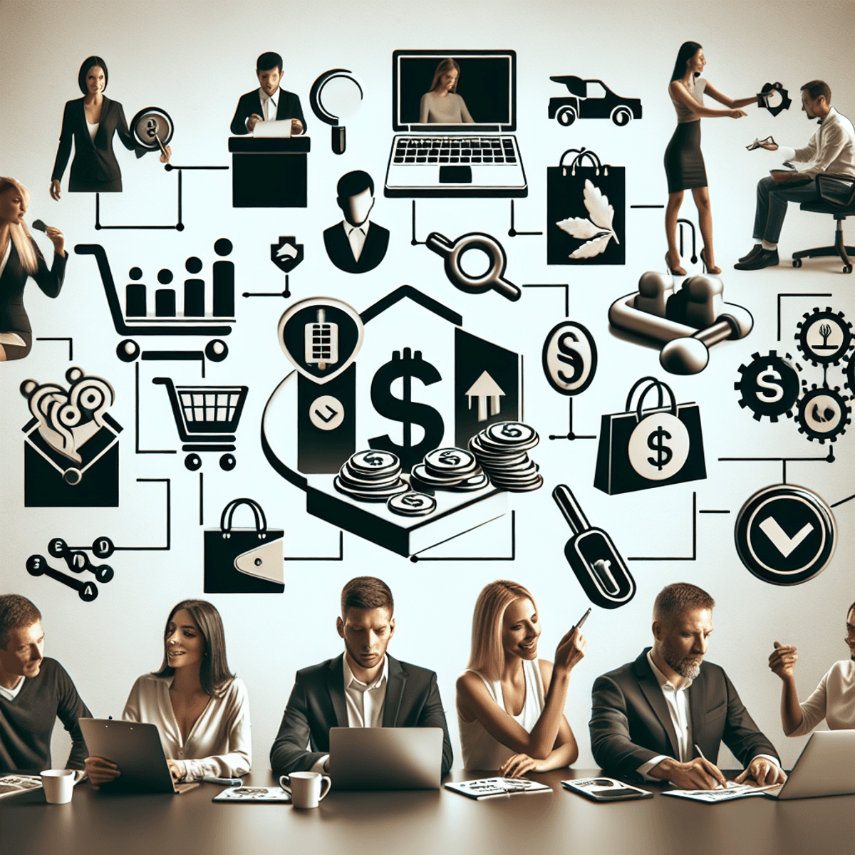 A diverse group of entrepreneurship-oriented individuals gathered in a modern workspace. A Caucasian man is focused on his laptop, surrounded by icons of a shopping cart and product images representing dropshipping. Nearby, a Hispanic woman animatedly discusses affiliate marketing strategies, with digital marketing symbols like a mouse click and link chain visible around her. The scene emphasizes collaboration and innovation in digital commerce without any text.