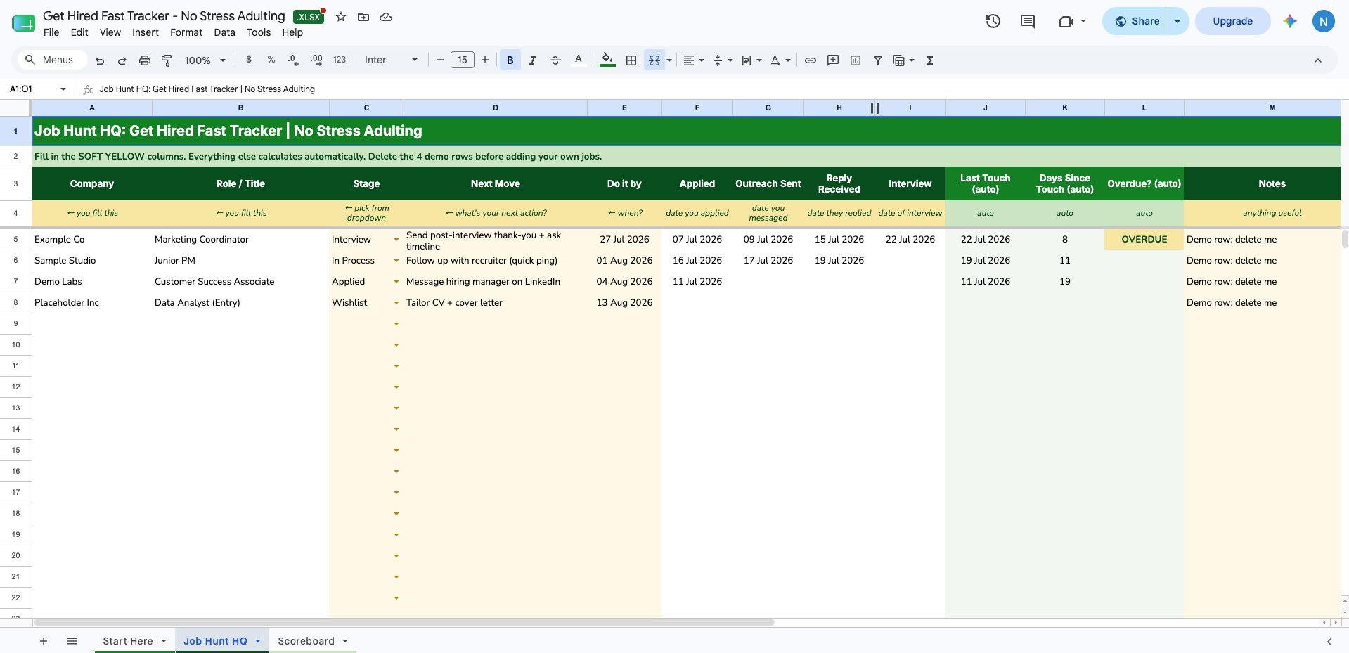 No Stress Adulting Get Hired Fast Tracker showing job applications, follow-up dates, stages and priority scores